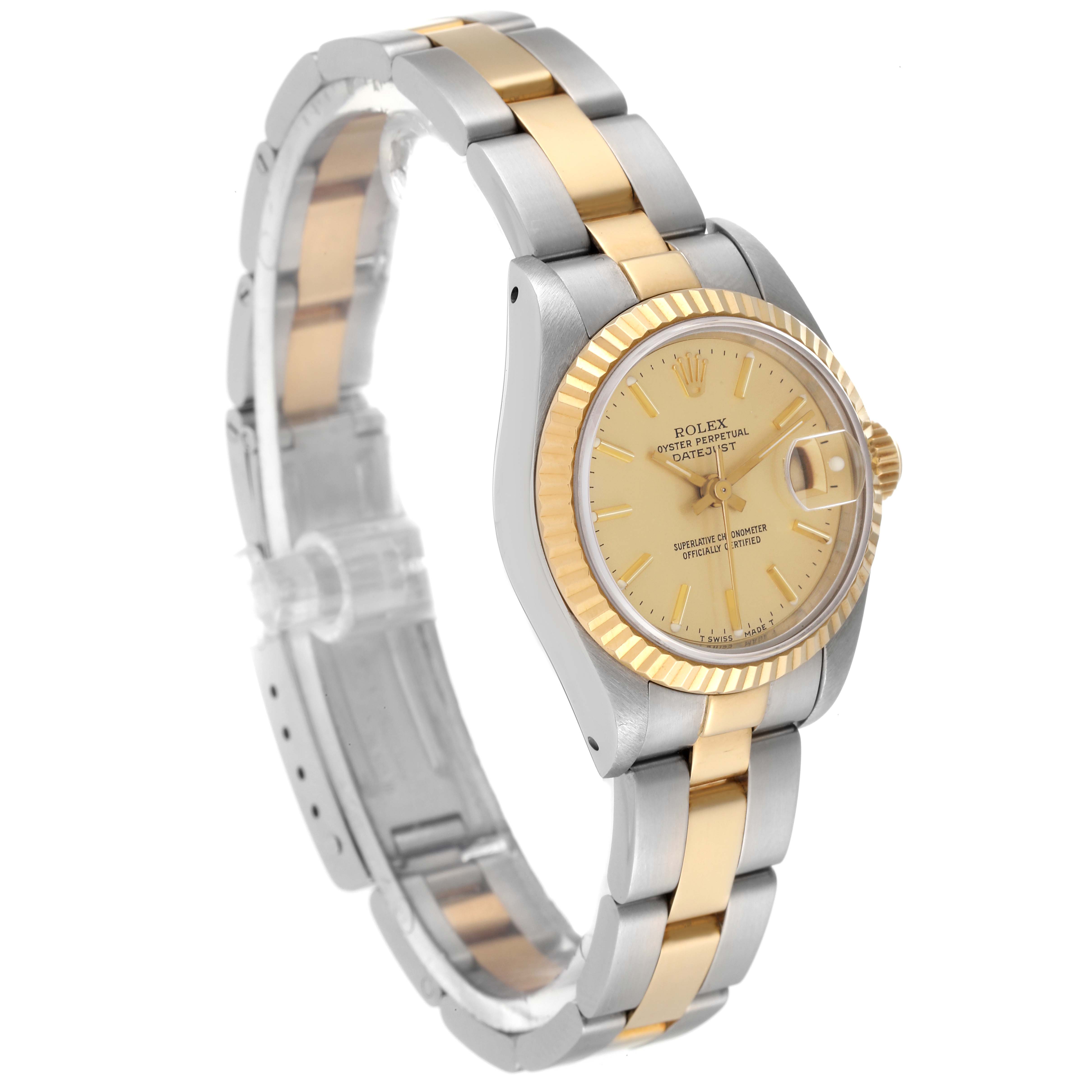 This image shows a side angle of a Rolex Datejust 69173 Women's Steel and Gold (two tone) Champagne Dial 69173 Women's Steel and Gold (two tone) Champagne Dial watch, highlighting the two-tone bracelet and the face with the date display.