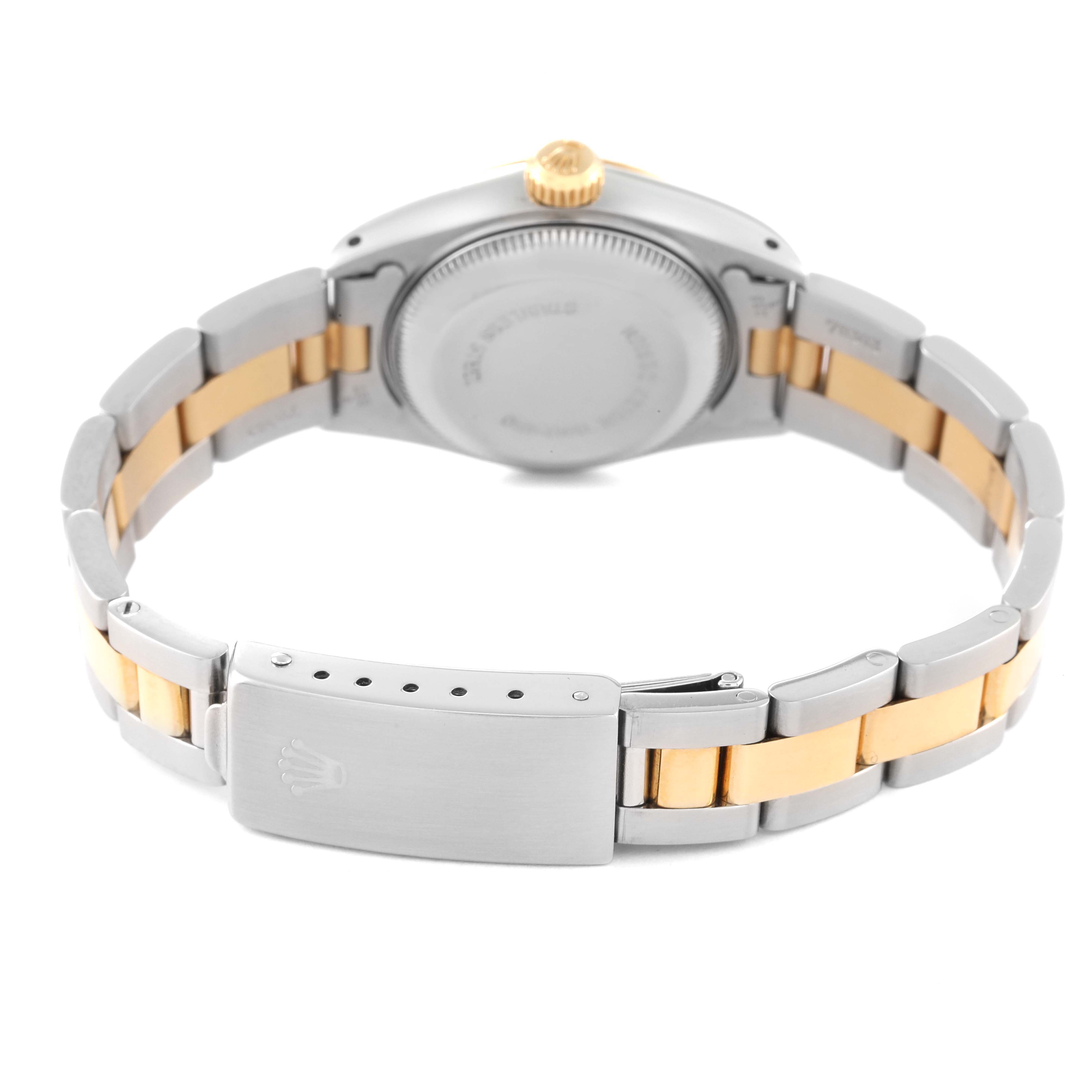 The image shows the back view of a Rolex Datejust 69173 Women's Steel and Gold (two tone) Champagne Dial 69173 Women's Steel and Gold (two tone) Champagne Dial watch, highlighting the case back, crown, and two-tone bracelet.
