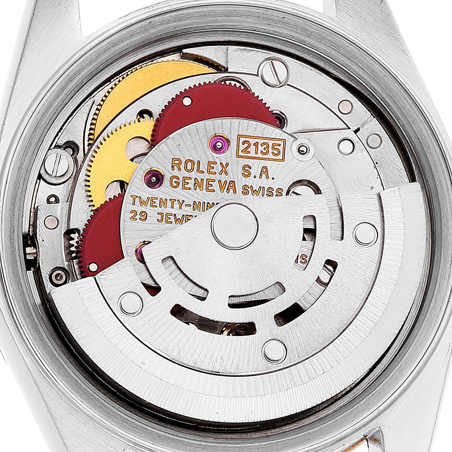 The image shows a close-up of the movement parts of a Rolex Datejust 69173 Women's Steel and Gold (two tone) Silver Dial 69173 Women's Steel and Gold (two tone) Silver Dial watch from a back angle with the case back removed.