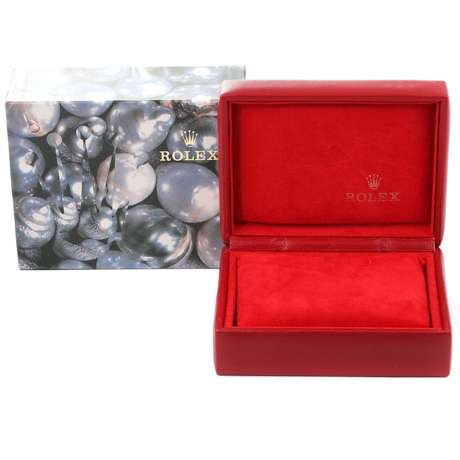 This image shows a red Rolex Datejust 69173 Women's Steel and Gold (two tone) Silver Dial 69173 Women's Steel and Gold (two tone) Silver Dial watch box with a distinctive outer box featuring a pearl-like design.