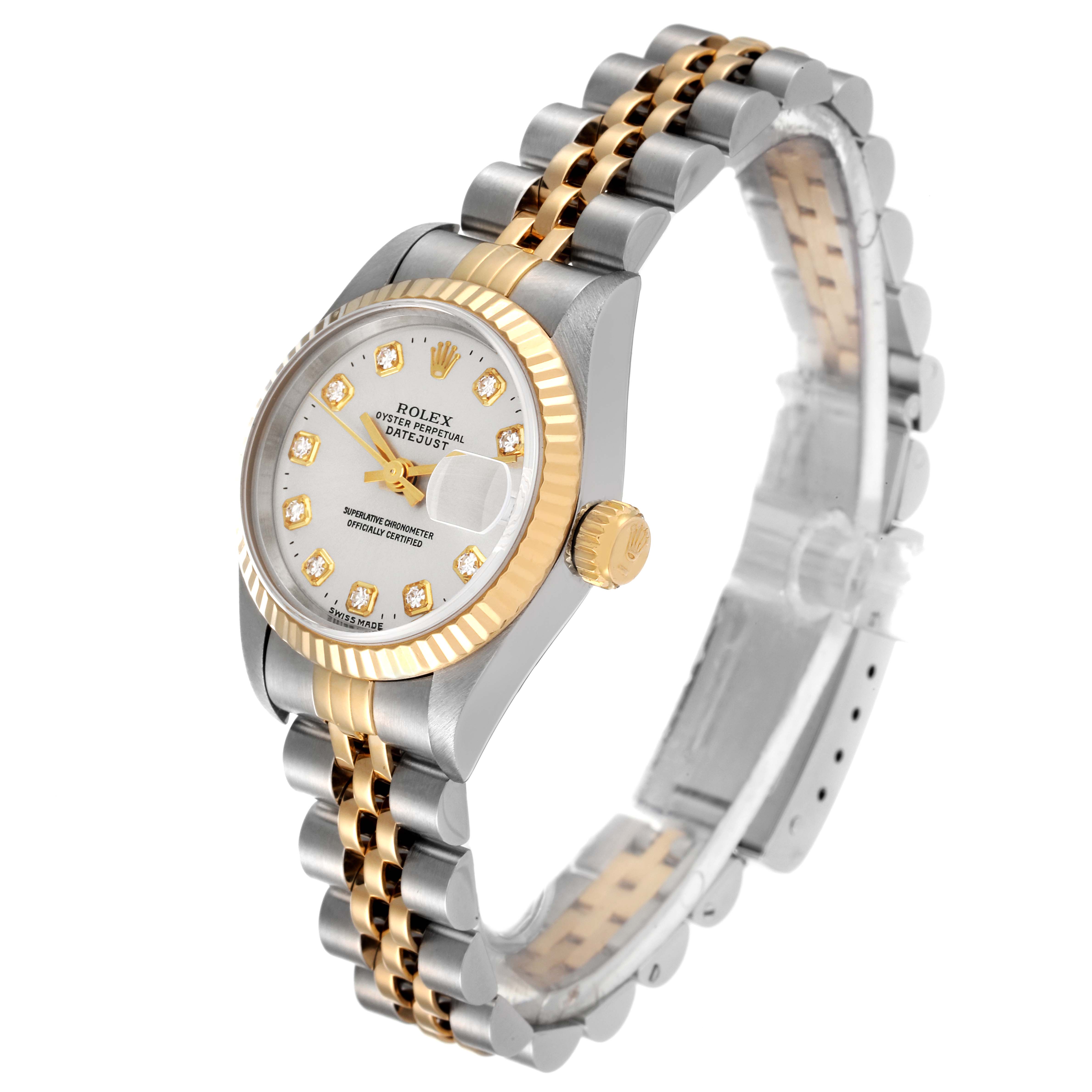 The image shows a Rolex Datejust 69173 Women's Steel and Gold (two tone) Silver Dial 69173 Women's Steel and Gold (two tone) Silver Dial watch angled from the front with a clear view of the dial, bezel, and two-tone bracelet.