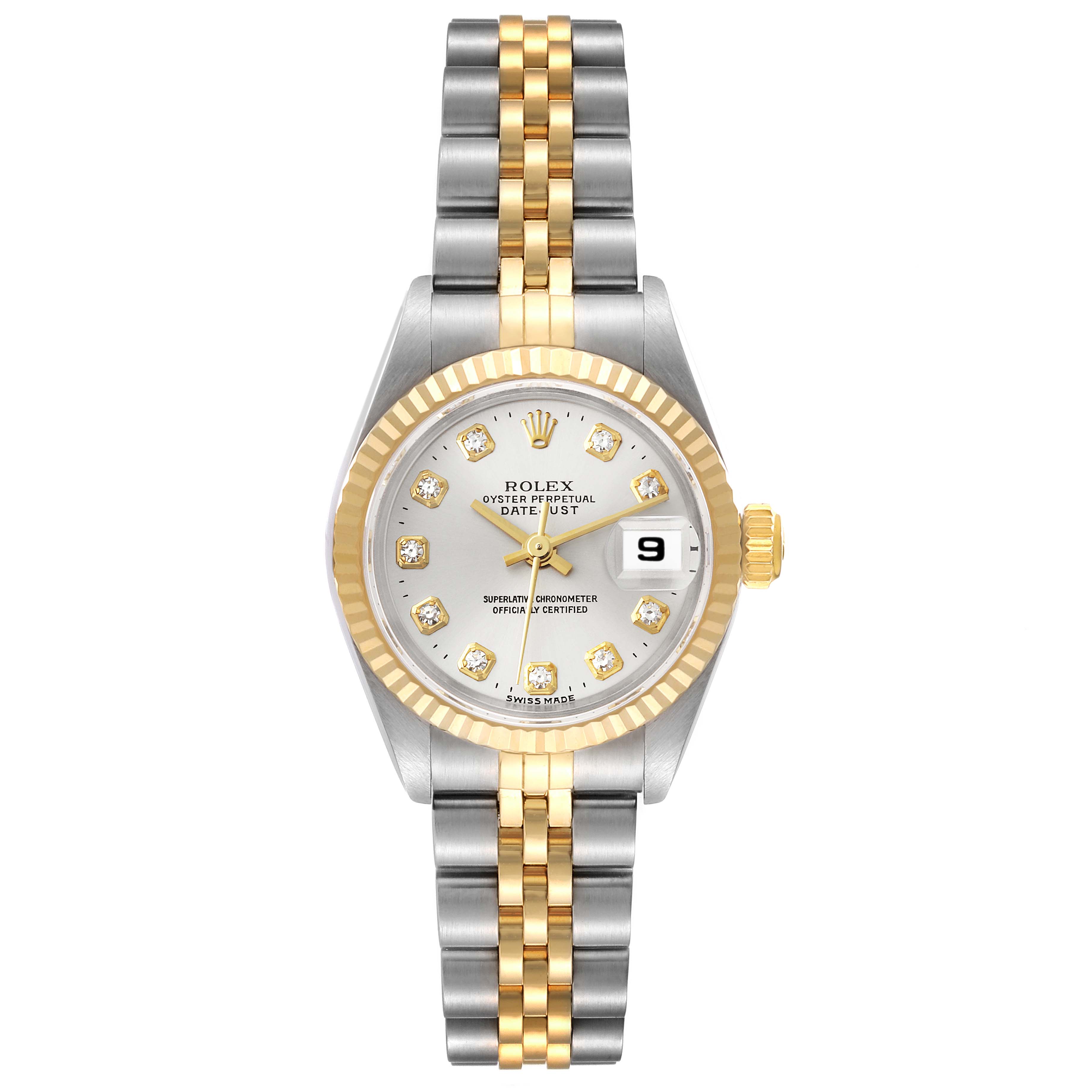 The Rolex Datejust 69173 Women's Steel and Gold (two tone) Silver Dial 69173 Women's Steel and Gold (two tone) Silver Dial watch is shown from the front, highlighting its dial, bezel, crown, and two-tone bracelet.