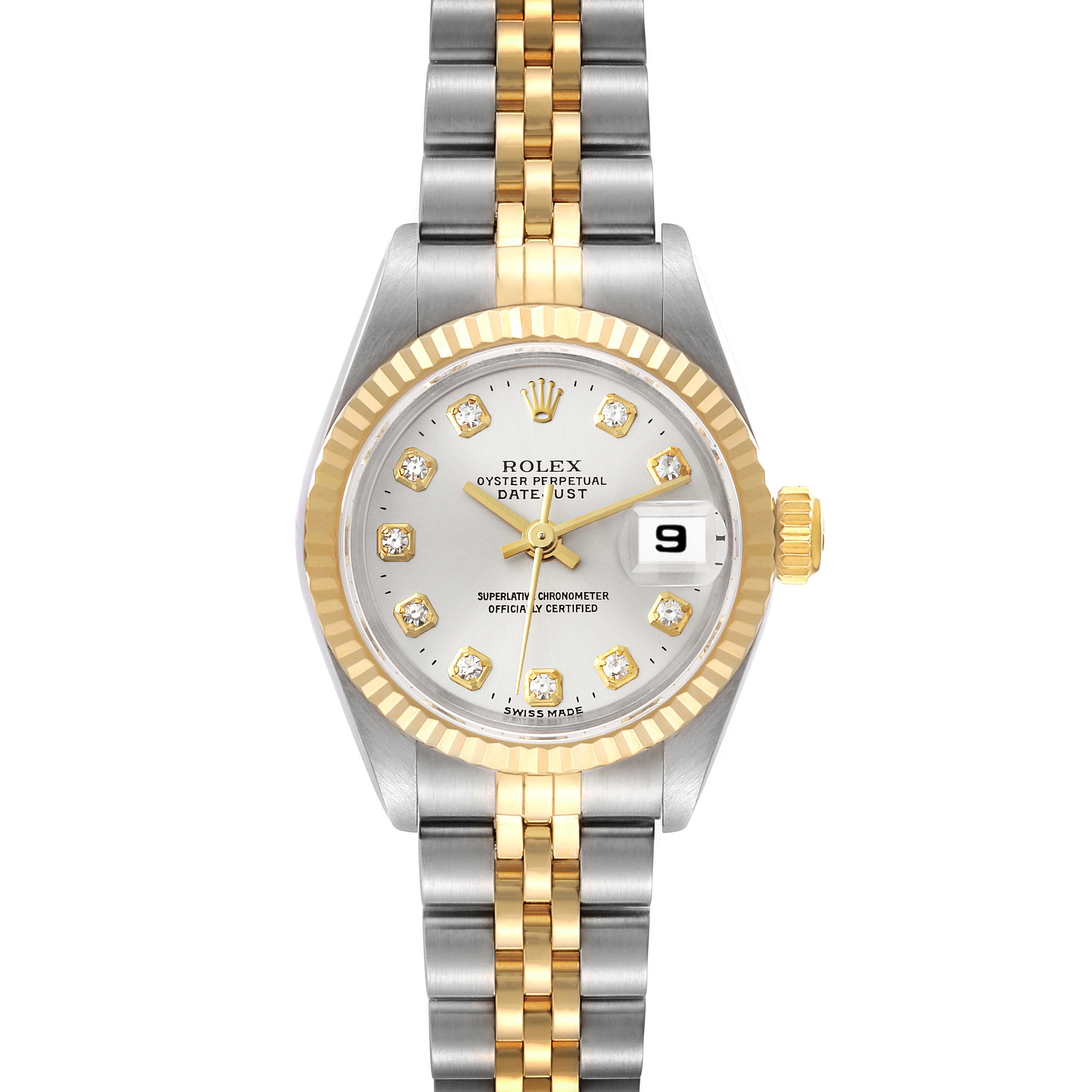 The image shows a frontal view of a Rolex Datejust 69173 Women's Steel and Gold (two tone) Silver Dial 69173 Women's Steel and Gold (two tone) Silver Dial watch, featuring its face, dial, and bracelet.