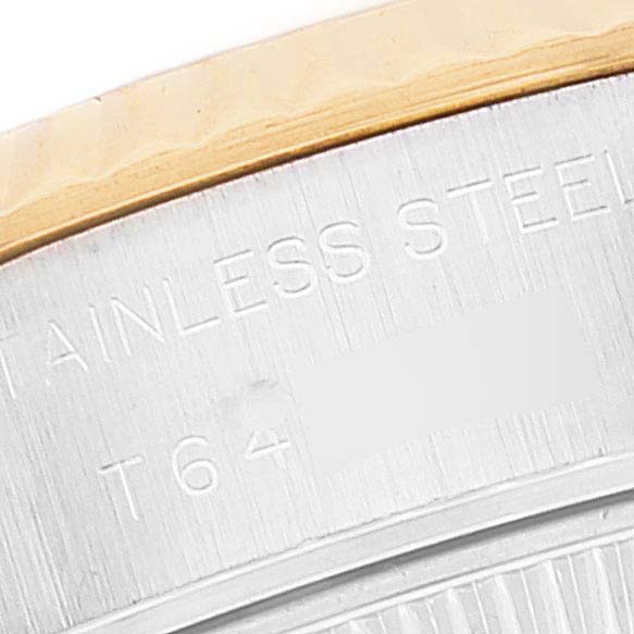 The image shows a close-up of the side of the Rolex Datejust 69173 Women's Steel and Gold (two tone) Silver Dial 69173 Women's Steel and Gold (two tone) Silver Dial watch case, highlighting the stainless steel and gold components.