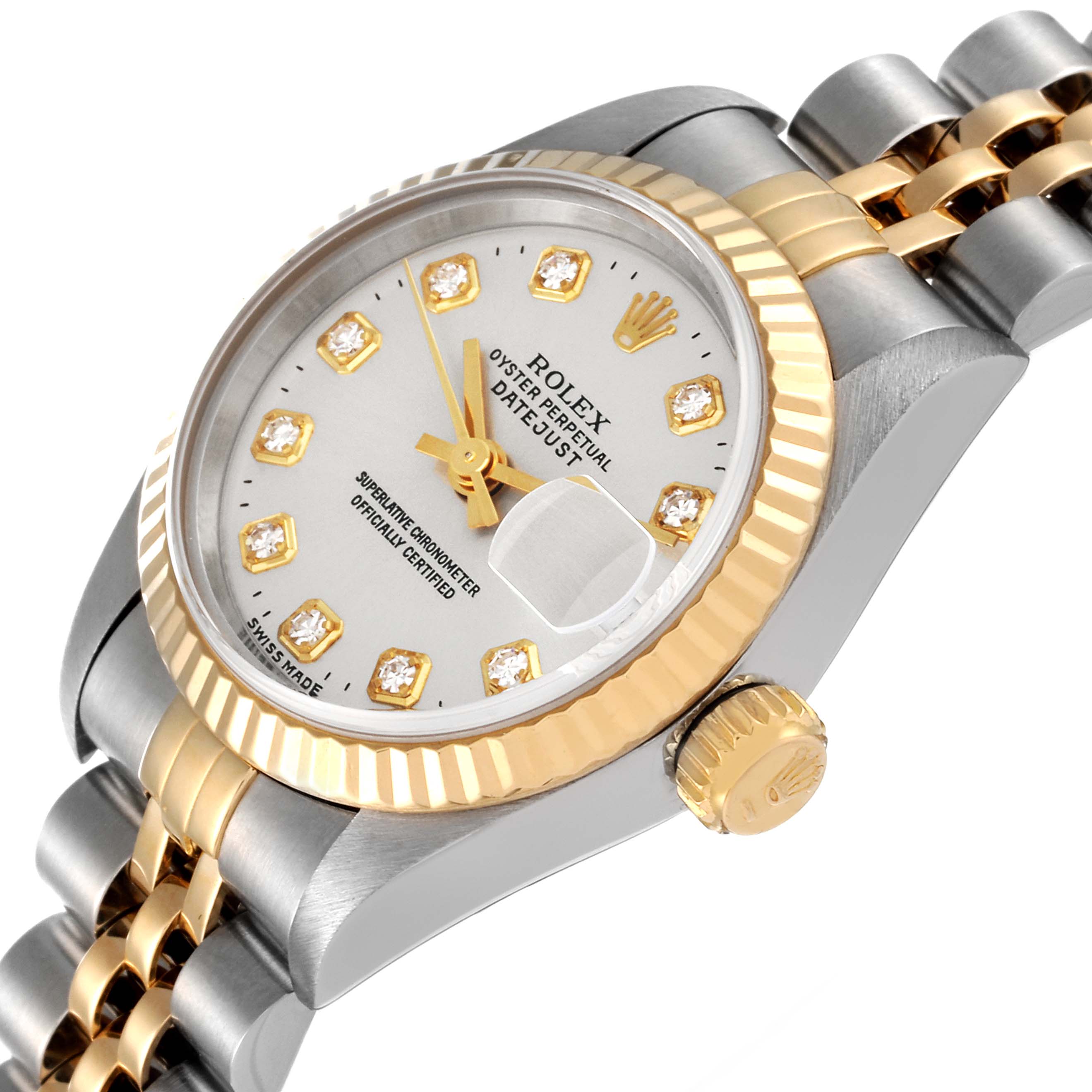 The image shows a side view of a Rolex Datejust 69173 Women's Steel and Gold (two tone) Silver Dial 69173 Women's Steel and Gold (two tone) Silver Dial watch, highlighting the dial, crown, bezel, and two-tone bracelet.