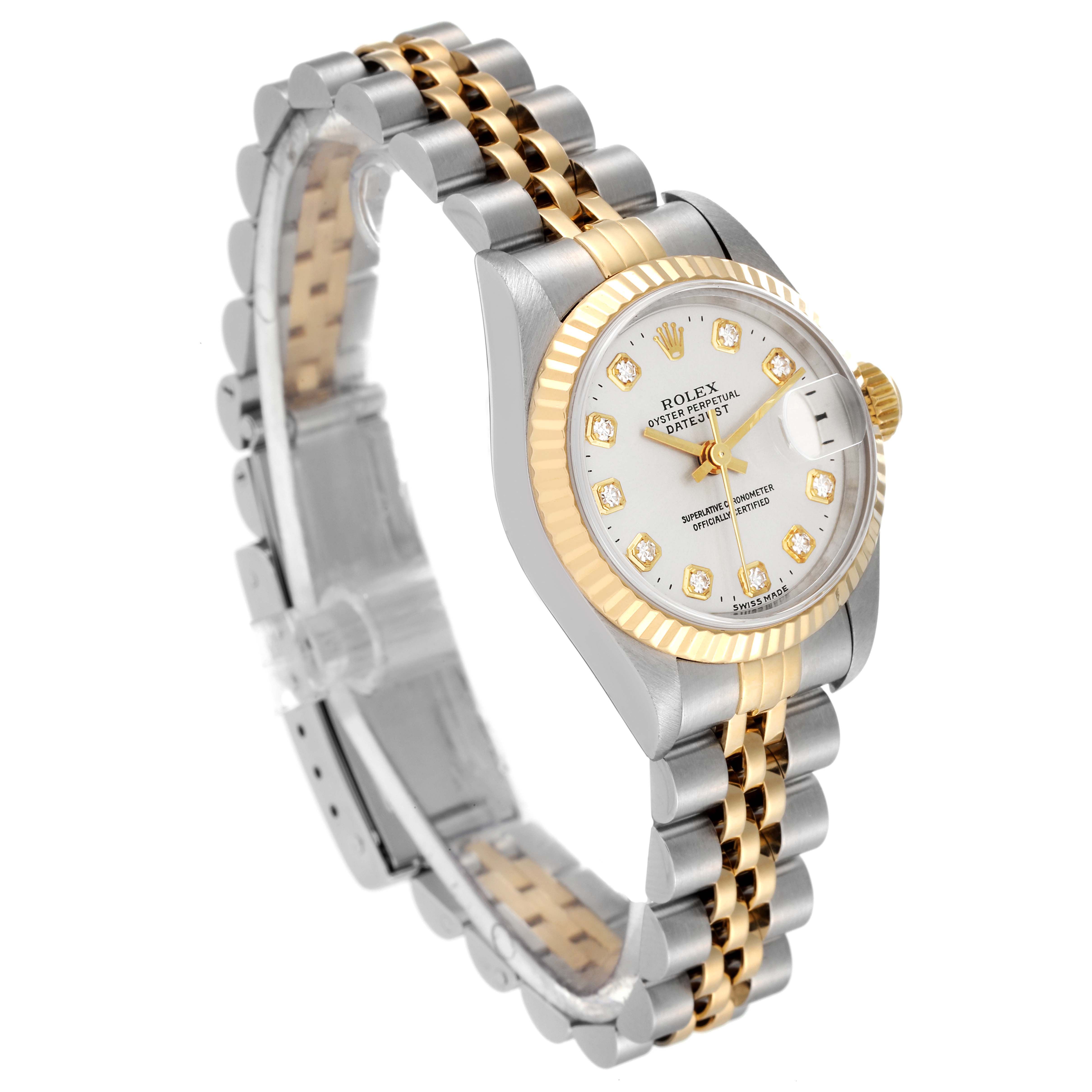 This image shows a Rolex Datejust 69173 Women's Steel and Gold (two tone) Silver Dial 69173 Women's Steel and Gold (two tone) Silver Dial watch angled from the top-left, highlighting the face, bezel, and two-tone bracelet.