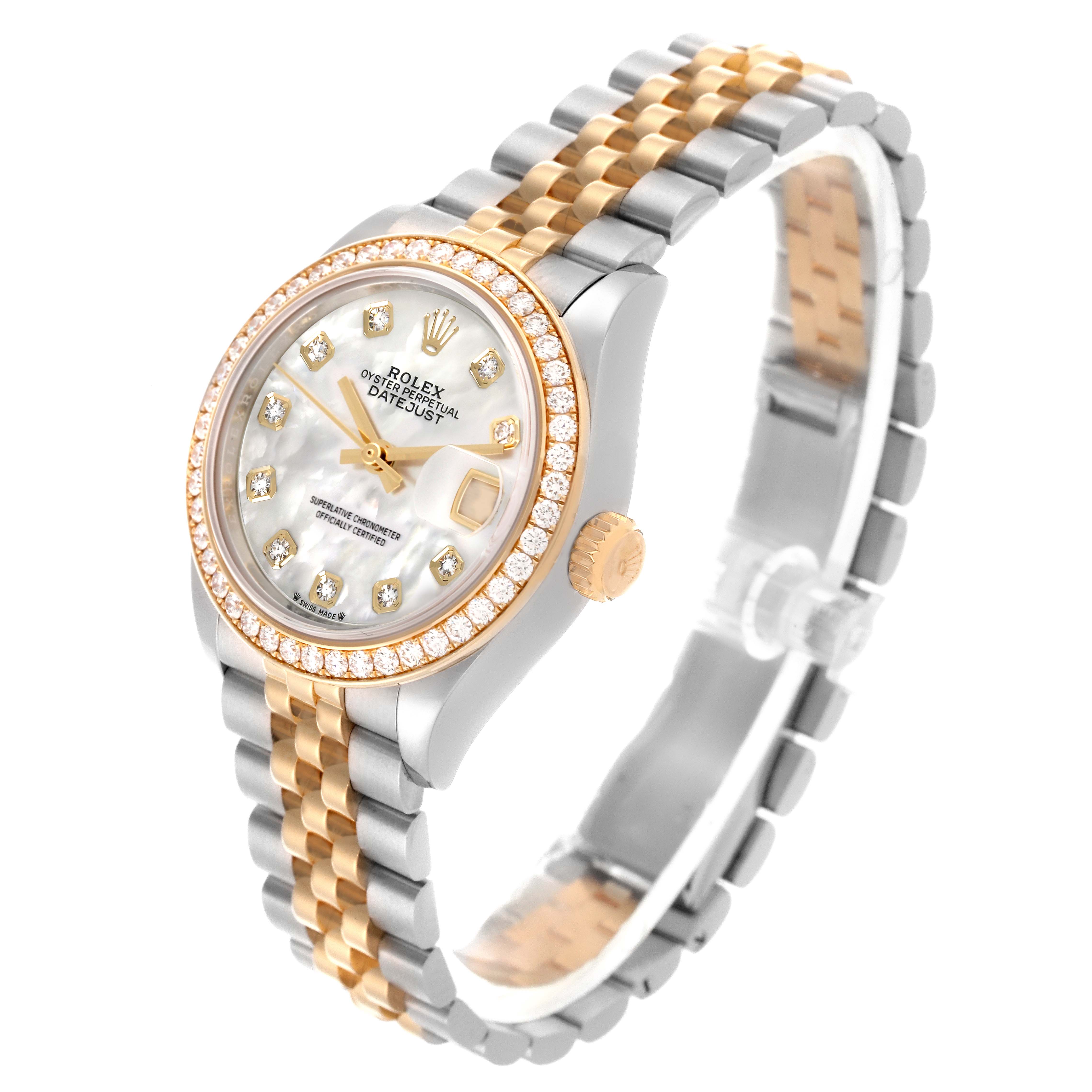 The Rolex Datejust 279383RBR Women's Steel and Gold (two tone) Mother of Pearl Dial 279383RBR Women's Steel and Gold (two tone) Mother of Pearl Dial is shown at a three-quarter angle, displaying the face, diamond-encrusted bezel, crown, and two-tone bracelet.
