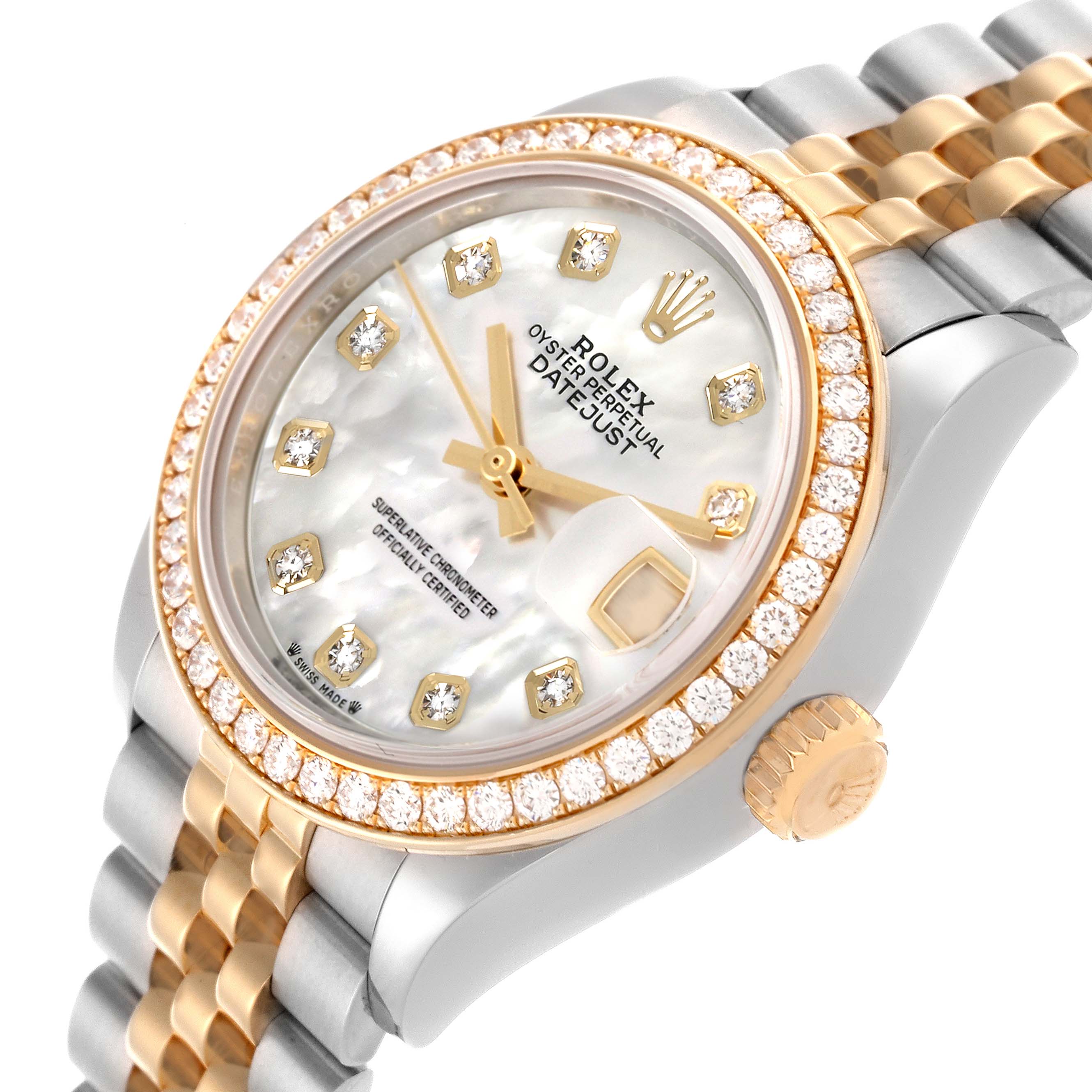 The Rolex Datejust 279383RBR Women's Steel and Gold (two tone) Mother of Pearl Dial 279383RBR Women's Steel and Gold (two tone) Mother of Pearl Dial watch is shown at an angled view, highlighting the bezel, dial, hands, crown, and part of the bracelet.