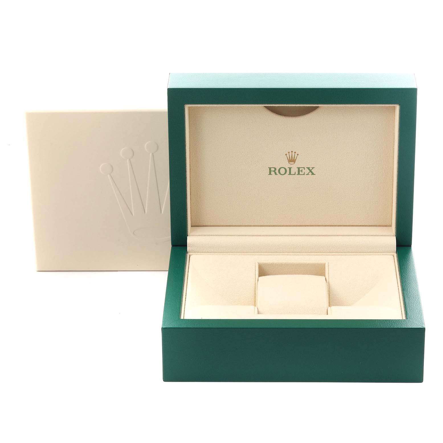 This image shows an open Rolex Datejust 279383RBR Women's Steel and Gold (two tone) Mother of Pearl Dial 279383RBR Women's Steel and Gold (two tone) Mother of Pearl Dial watch box from a front angle, showcasing the interior.