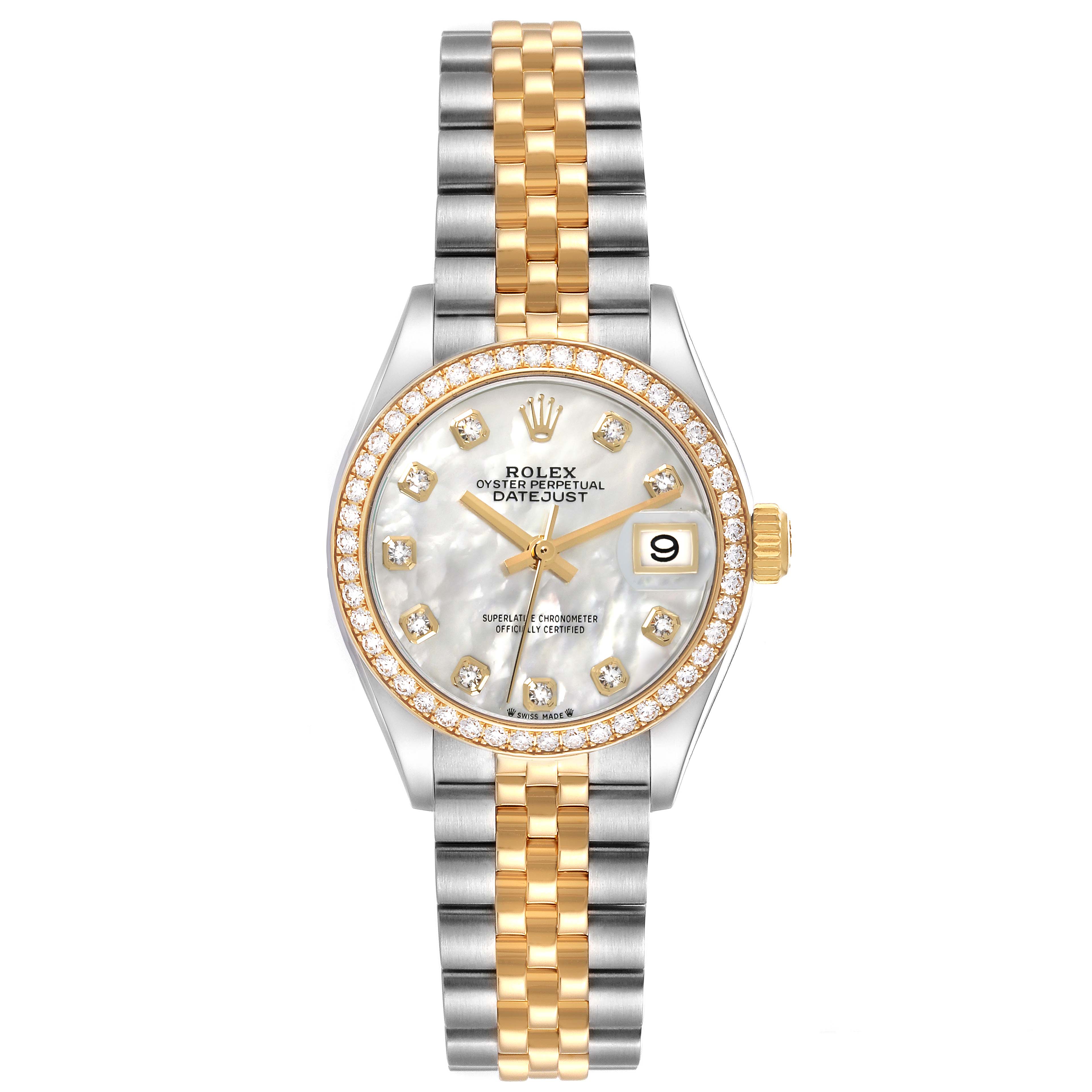 The Rolex Datejust 279383RBR Women's Steel and Gold (two tone) Mother of Pearl Dial 279383RBR Women's Steel and Gold (two tone) Mother of Pearl Dial watch is shown from a top-down angle, displaying the dial, bezel, and bracelet.