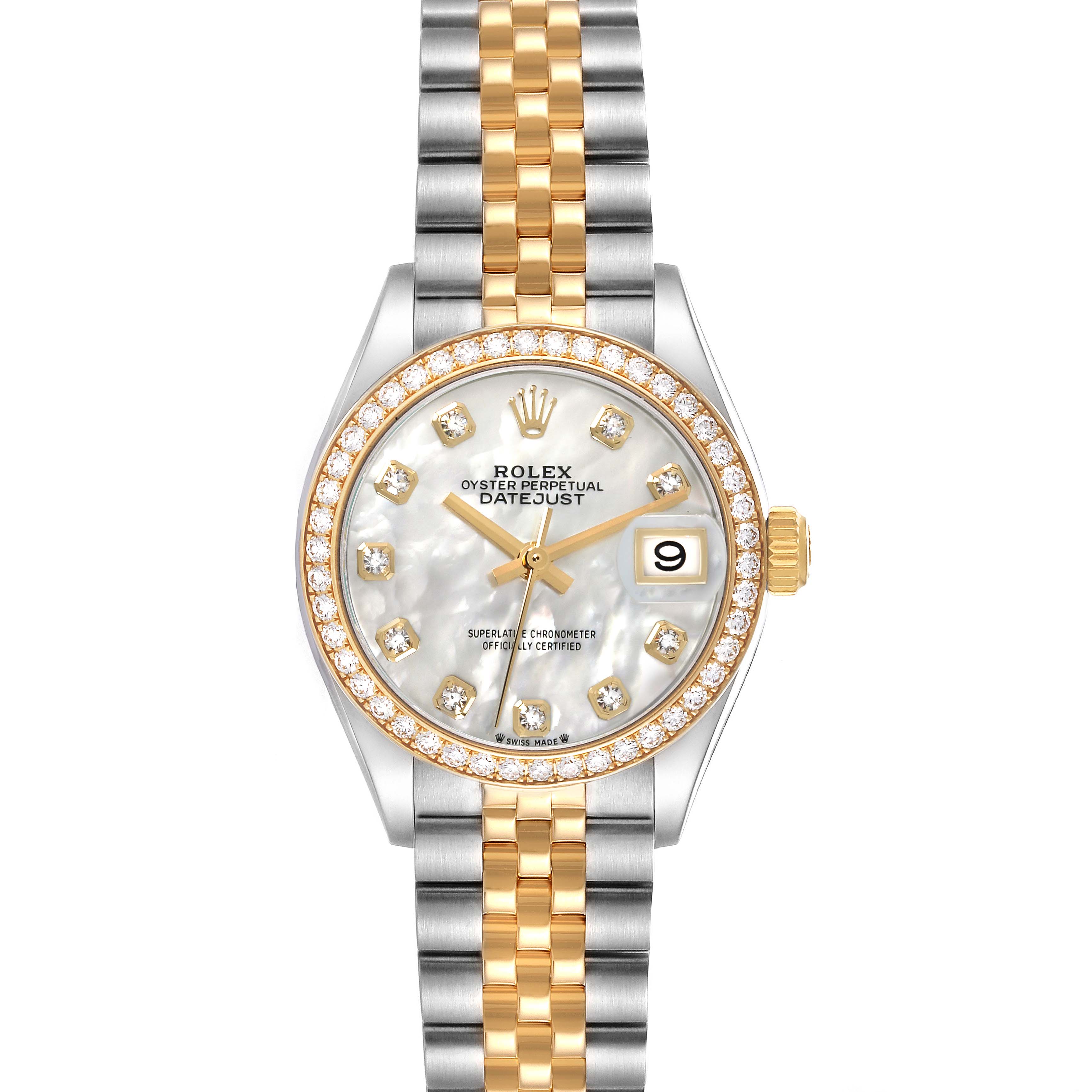 The Rolex Datejust 279383RBR Women's Steel and Gold (two tone) Mother of Pearl Dial 279383RBR Women's Steel and Gold (two tone) Mother of Pearl Dial watch is shown from the front, displaying the face, dial, bezel, and jubilee bracelet.