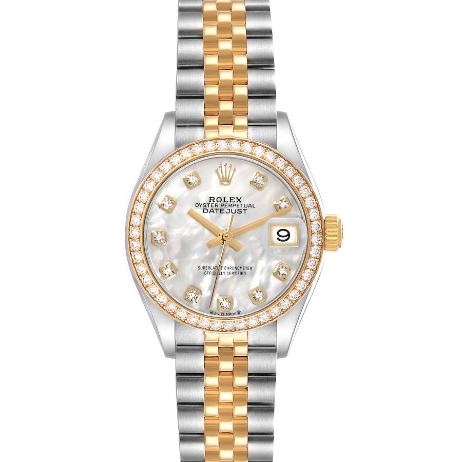 The Rolex Datejust watch is shown from the front, displaying the face, dial, bezel, and jubilee bracelet.