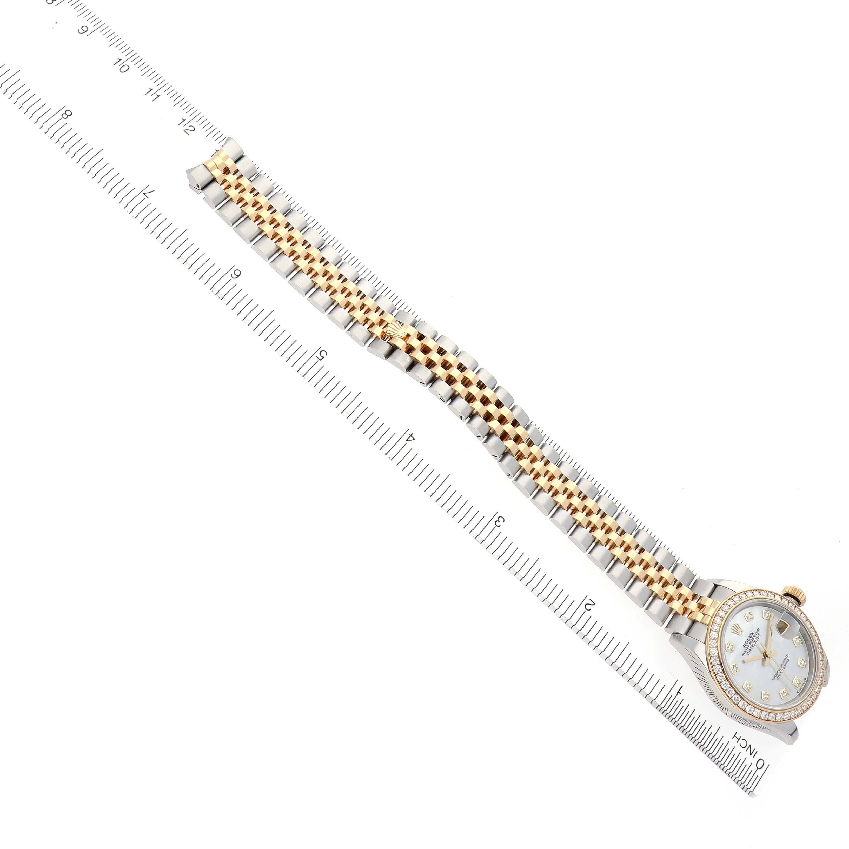 The image shows a Rolex Datejust 279383RBR Women's Steel and Gold (two tone) Mother of Pearl Dial 279383RBR Women's Steel and Gold (two tone) Mother of Pearl Dial watch at an angled top-down view, highlighting the bracelet and part of the dial.