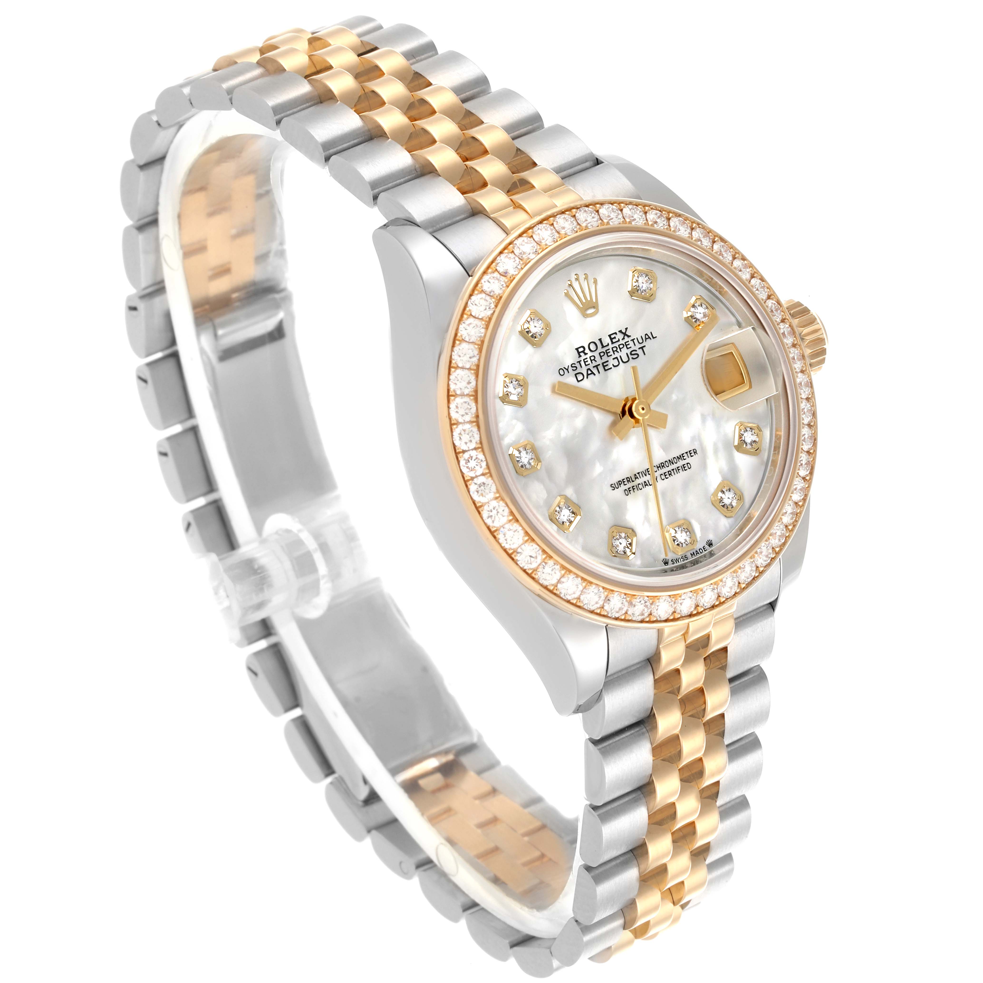 The image shows a Rolex Datejust 279383RBR Women's Steel and Gold (two tone) Mother of Pearl Dial 279383RBR Women's Steel and Gold (two tone) Mother of Pearl Dial watch at an angle showcasing the dial, bezel, and two-tone bracelet.