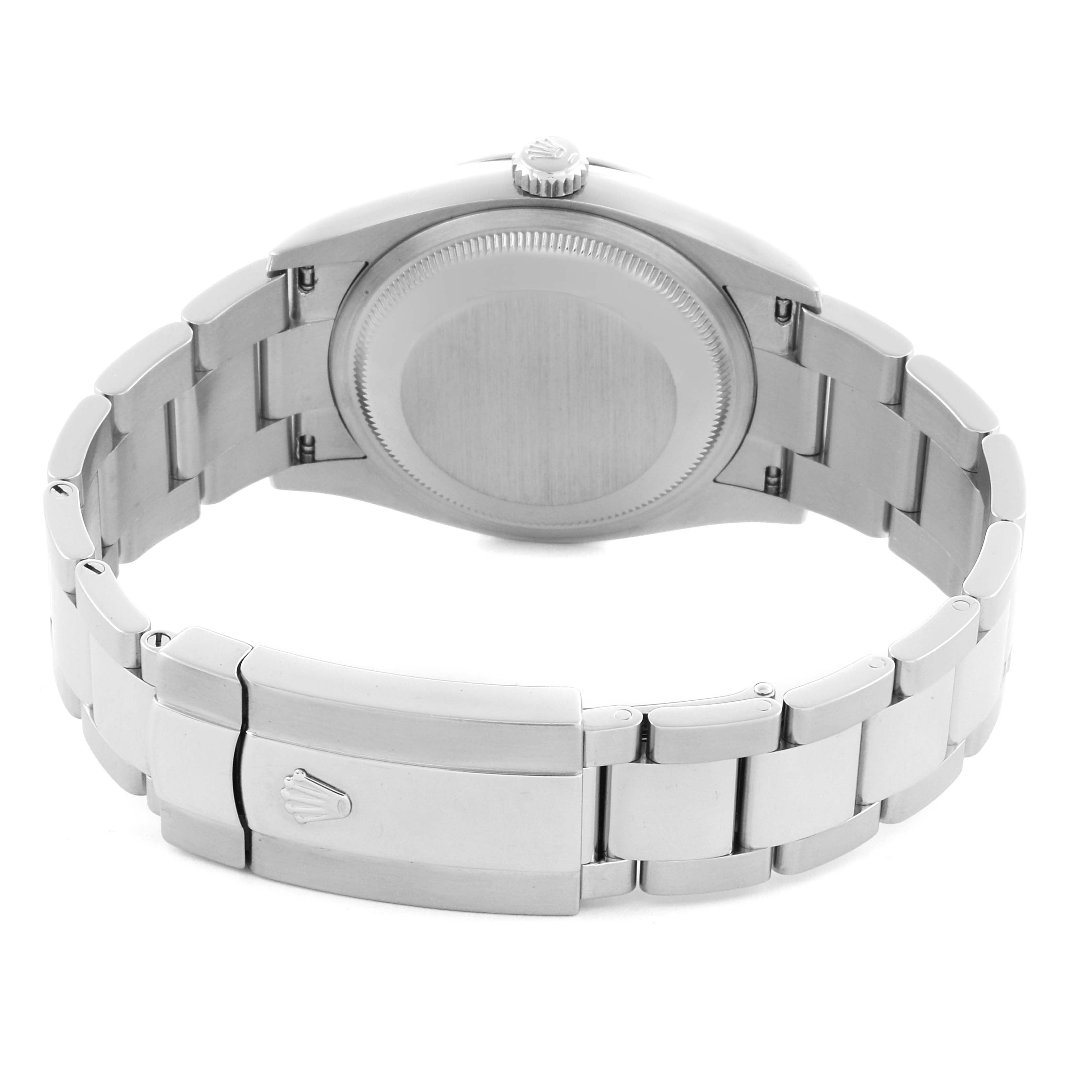 The image shows the back and clasp of a Rolex Datejust 126200 Men
s Stainless Steel Black Dial 126200 Men
s Stainless Steel Black Dial, highlighting the case back and bracelet.