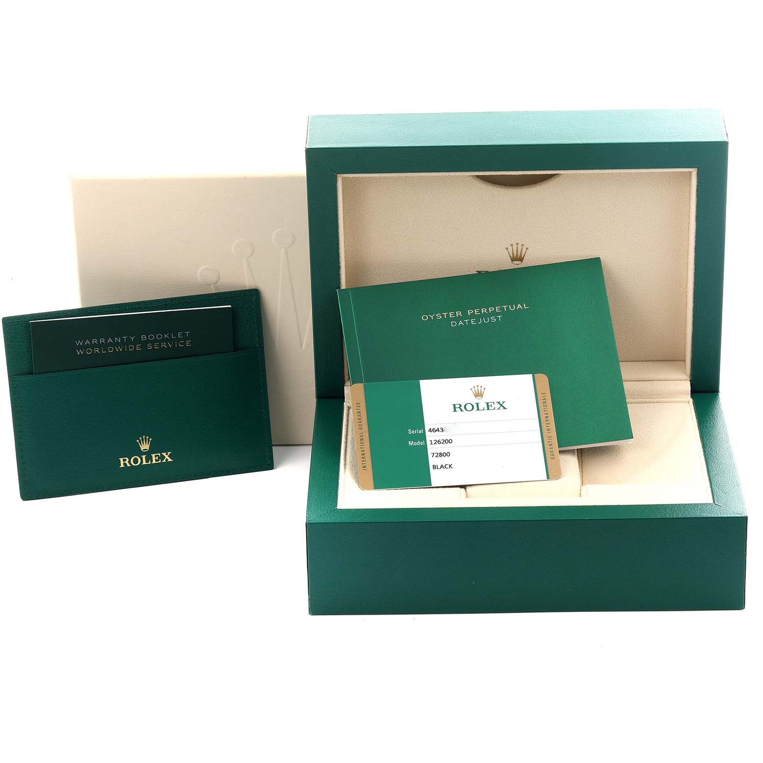 The image shows a Rolex Datejust 126200 Men
s Stainless Steel Black Dial 126200 Men
s Stainless Steel Black Dial box, warranty booklet, and card from a frontal angle.