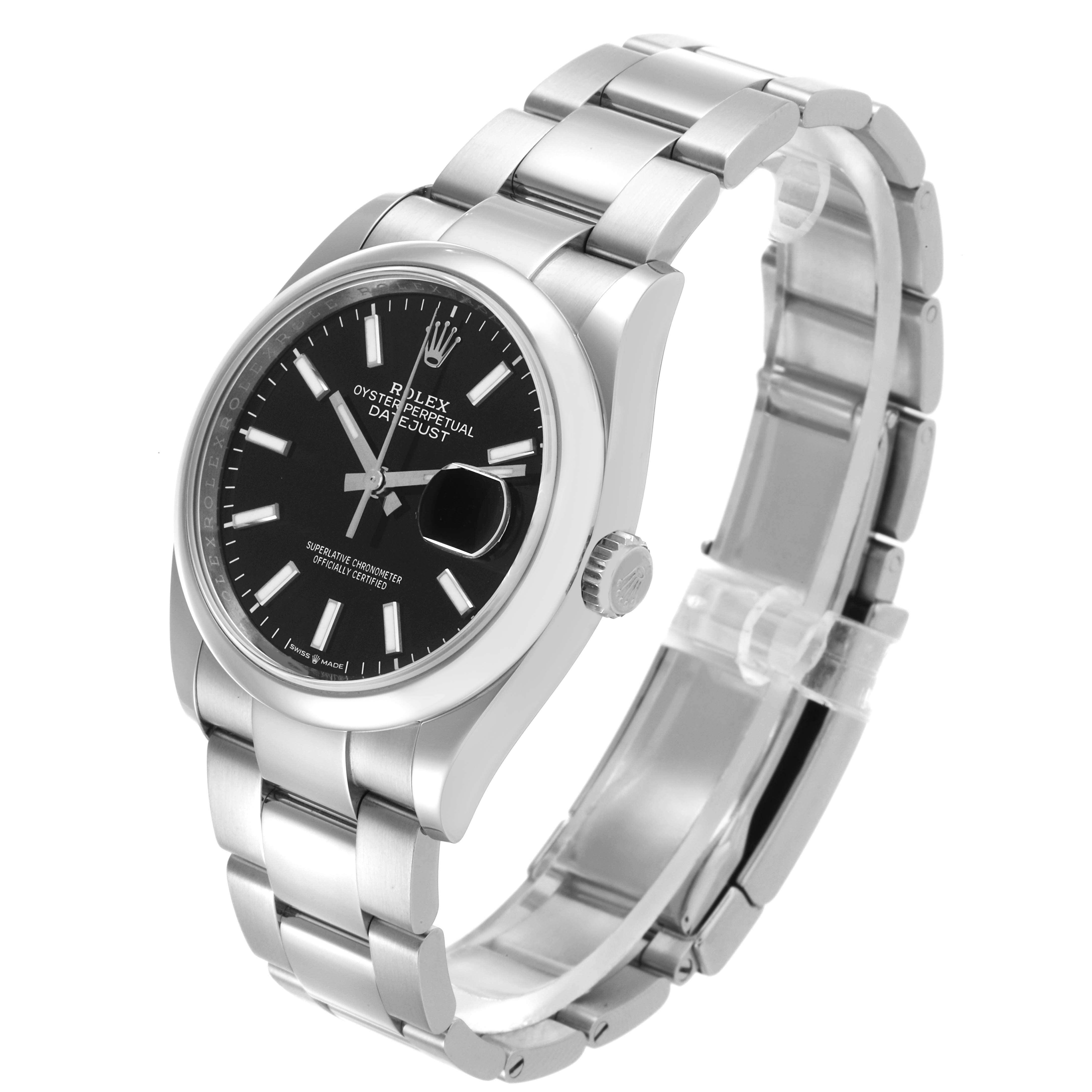 The Rolex Datejust 126200 Men
s Stainless Steel Black Dial 126200 Men
s Stainless Steel Black Dial is shown at a three-quarter angle, highlighting the watch face, bezel, bracelet, and crown.