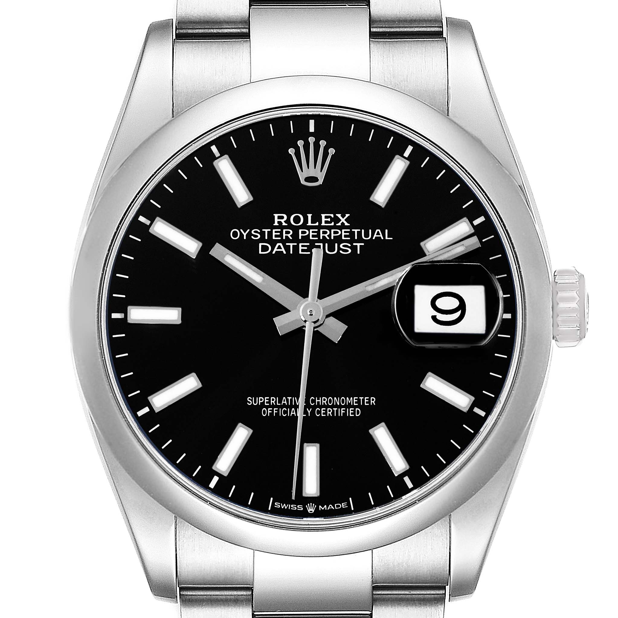 The Rolex Datejust 126200 Men
s Stainless Steel Black Dial 126200 Men
s Stainless Steel Black Dial watch is shown from the front, highlighting the dial, date window, and part of the bracelet.