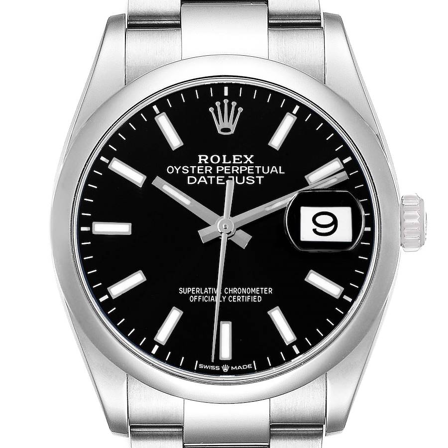 The Rolex Datejust watch is shown from the front, highlighting the dial, date window, and part of the bracelet.