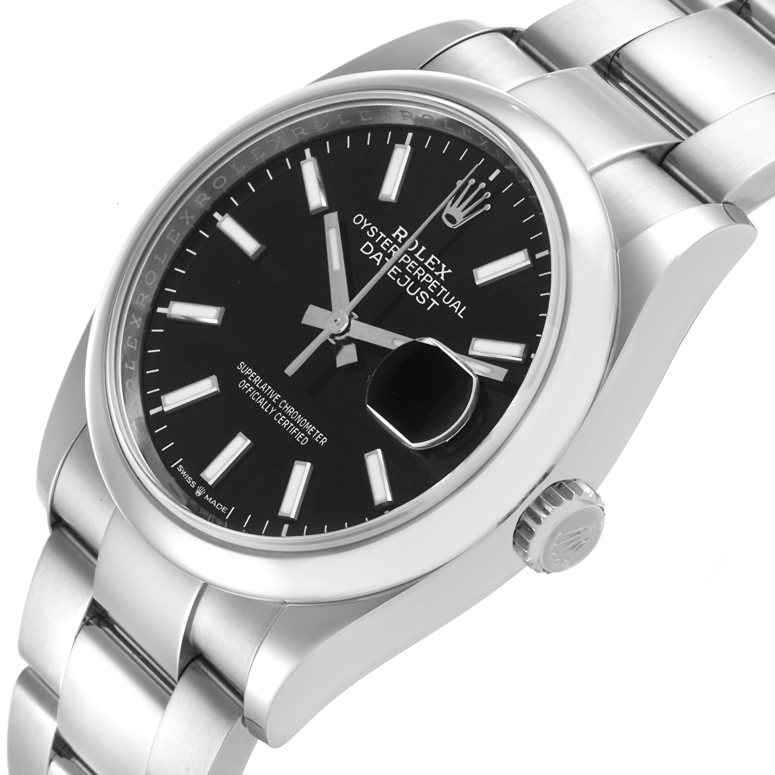 The Rolex Datejust 126200 Men
s Stainless Steel Black Dial 126200 Men
s Stainless Steel Black Dial watch is shown at a slight angle, highlighting the black dial, case, bracelet, crown, and date magnifier.