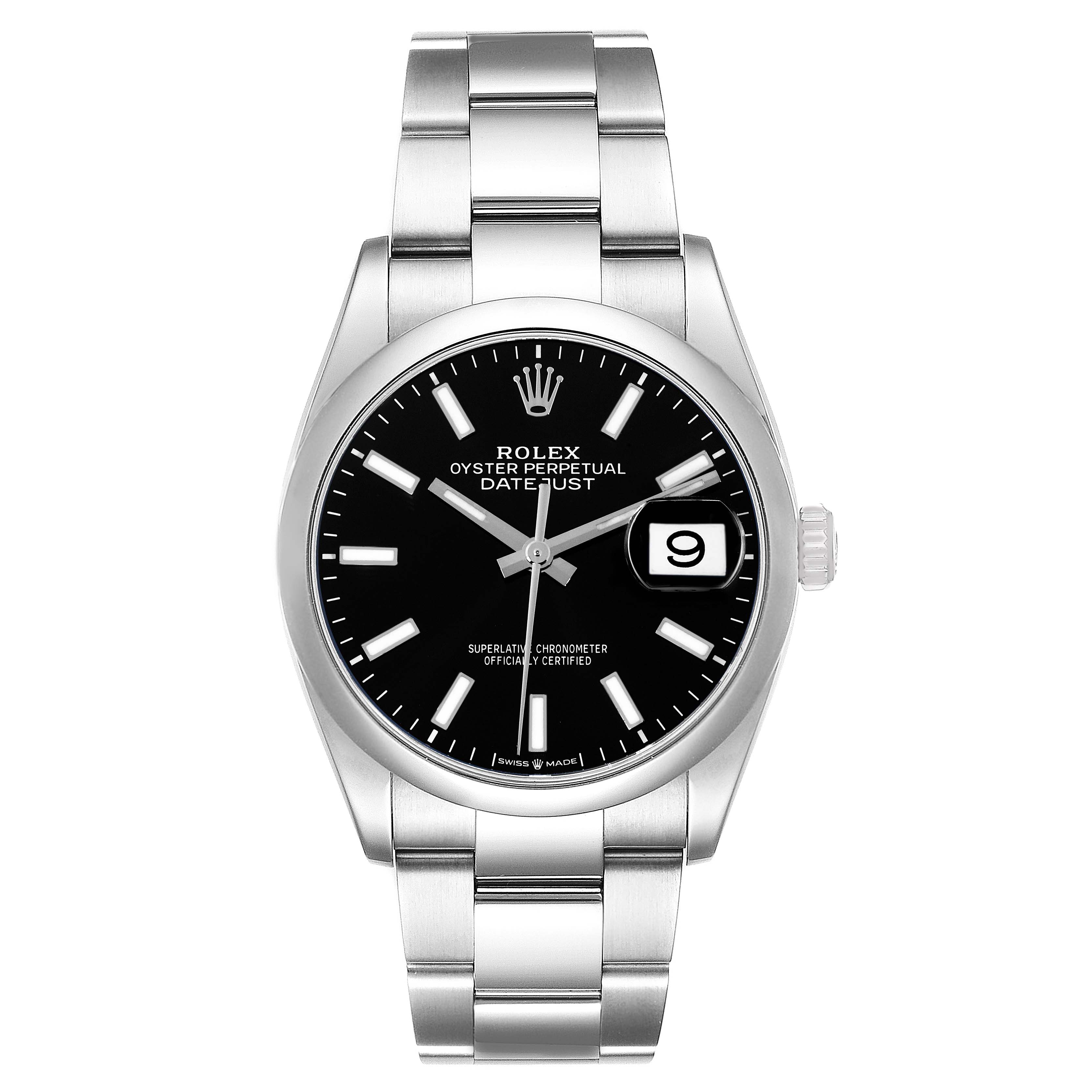 The Rolex Datejust 126200 Men
s Stainless Steel Black Dial 126200 Men
s Stainless Steel Black Dial watch is shown from the front, displaying its dial, case, and bracelet.