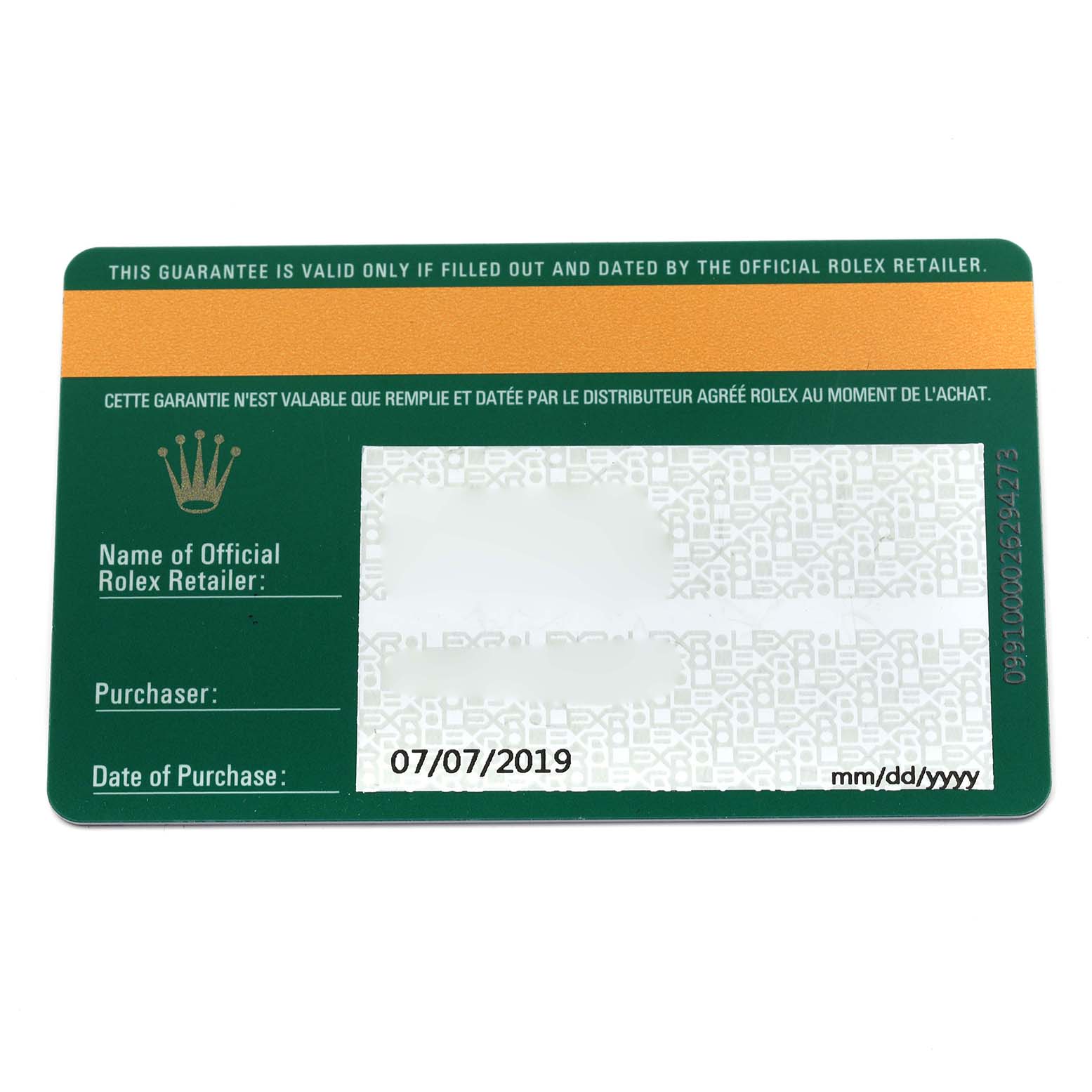 The image shows a Rolex Datejust 126200 Men
s Stainless Steel Black Dial 126200 Men
s Stainless Steel Black Dial guarantee card at a top-down angle, detailing purchase information.