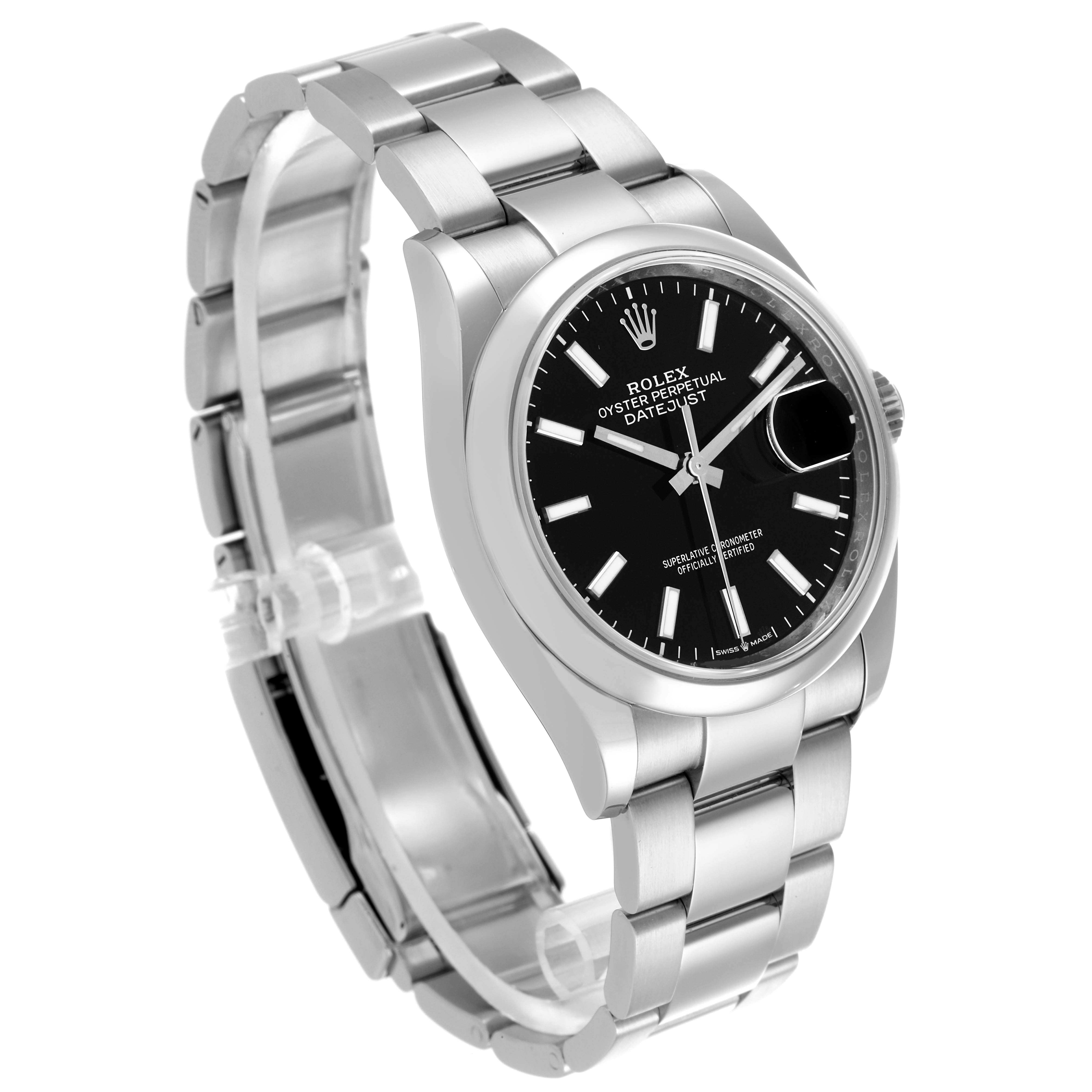 The Rolex Datejust 126200 Men
s Stainless Steel Black Dial 126200 Men
s Stainless Steel Black Dial watch is shown from a side angle, highlighting the bracelet, face, and case.