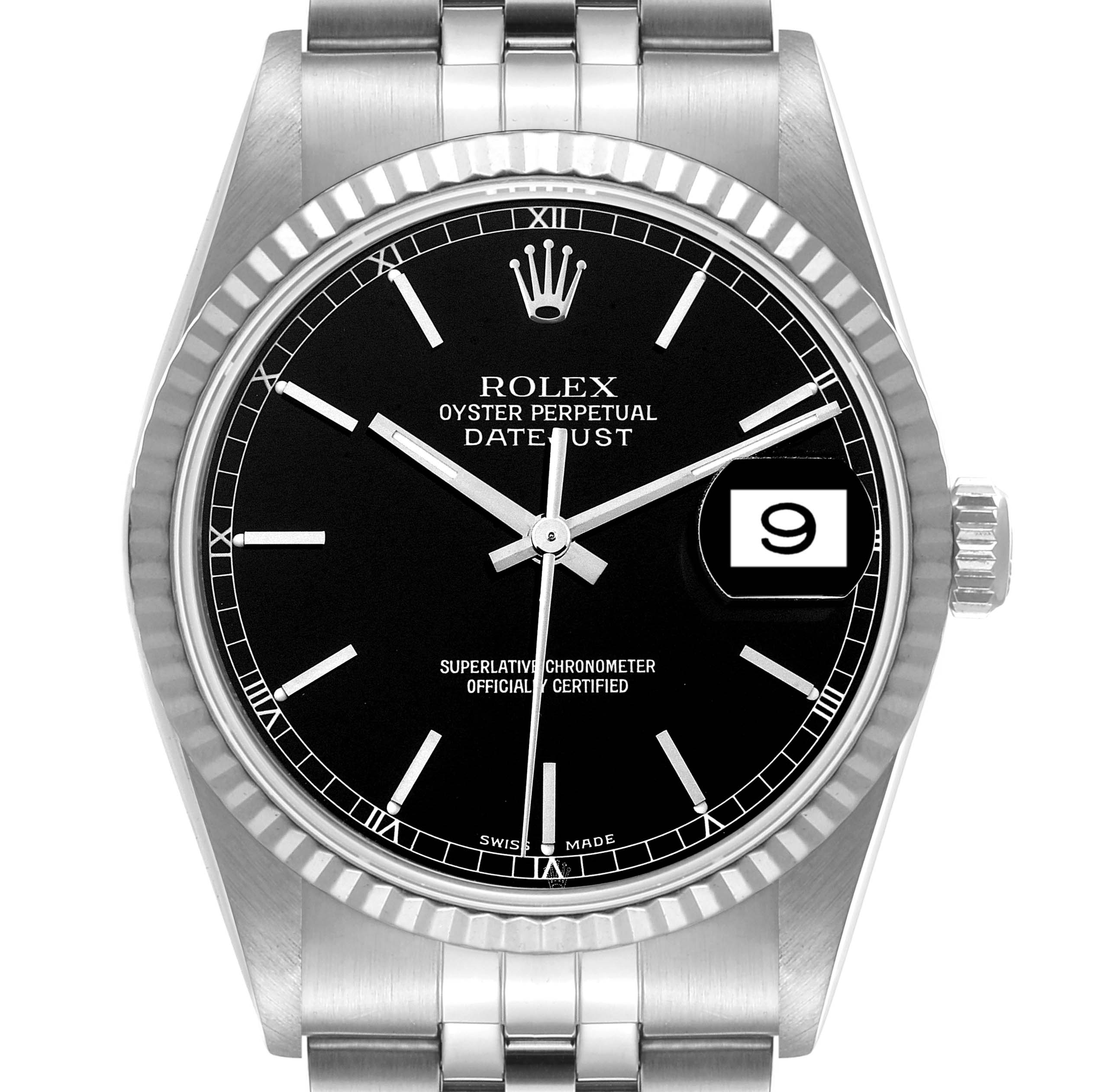 The Rolex Datejust 16234 Men's Stainless Steel Black Dial 16234 Men's Stainless Steel Black Dial watch is displayed from a front view, showing the dial, hands, crown, date window, and part of the bracelet.