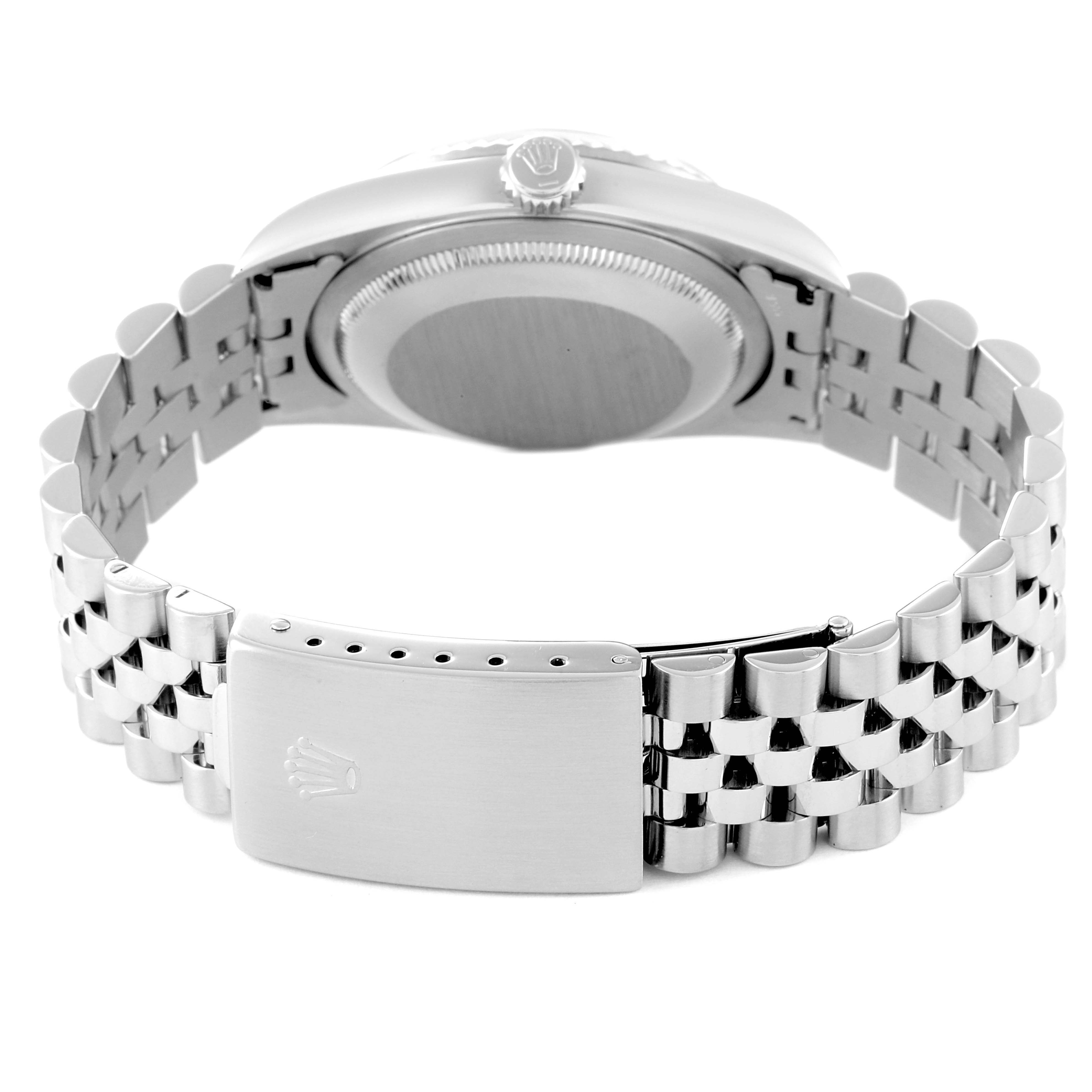 The image shows the back of a Rolex Datejust 16234 Men's Stainless Steel Black Dial 16234 Men's Stainless Steel Black Dial watch, featuring the case back and Jubilee bracelet with a clasp.