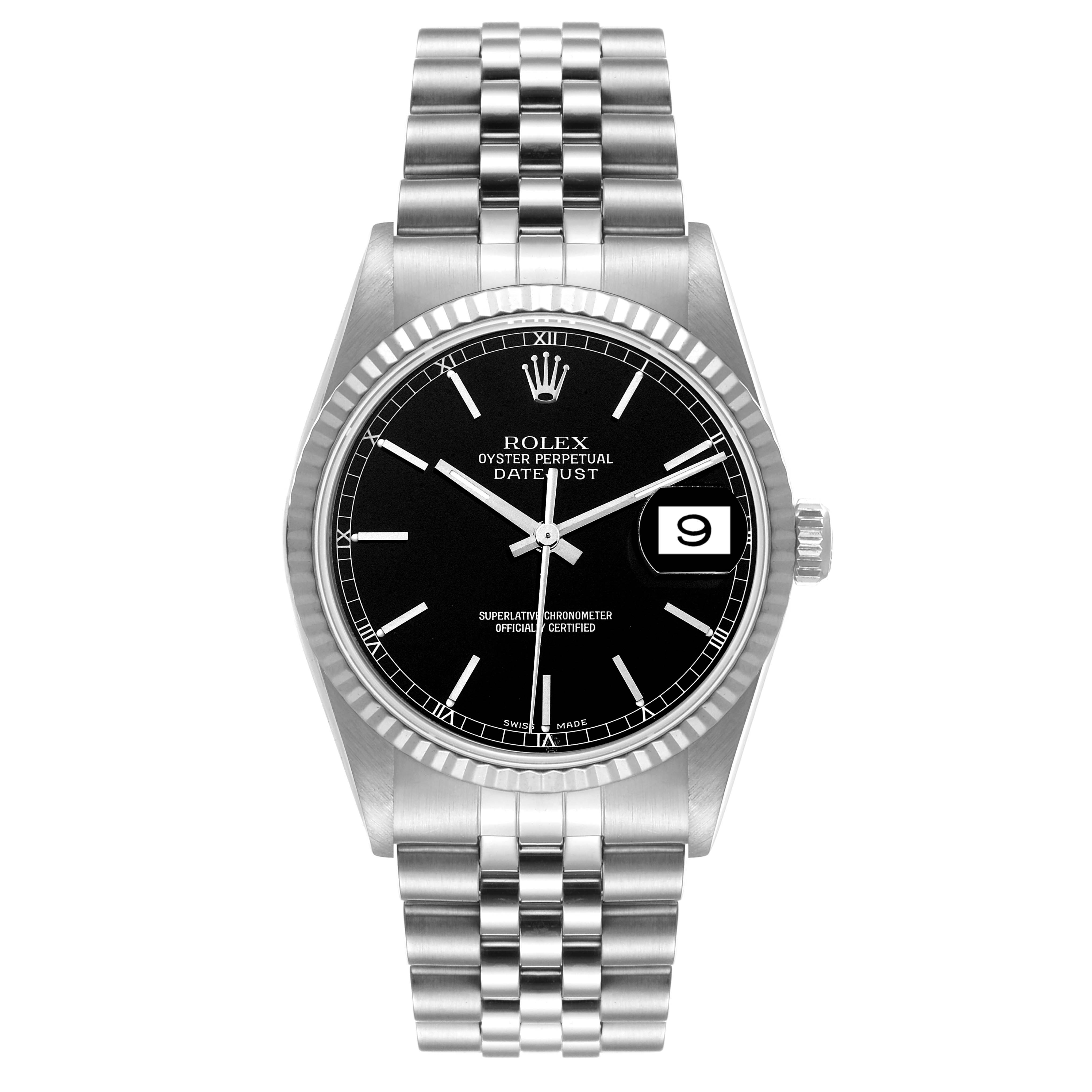 The image shows a front view of a Rolex Datejust 16234 Men's Stainless Steel Black Dial 16234 Men's Stainless Steel Black Dial watch, displaying the face, fluted bezel, and Jubilee bracelet.