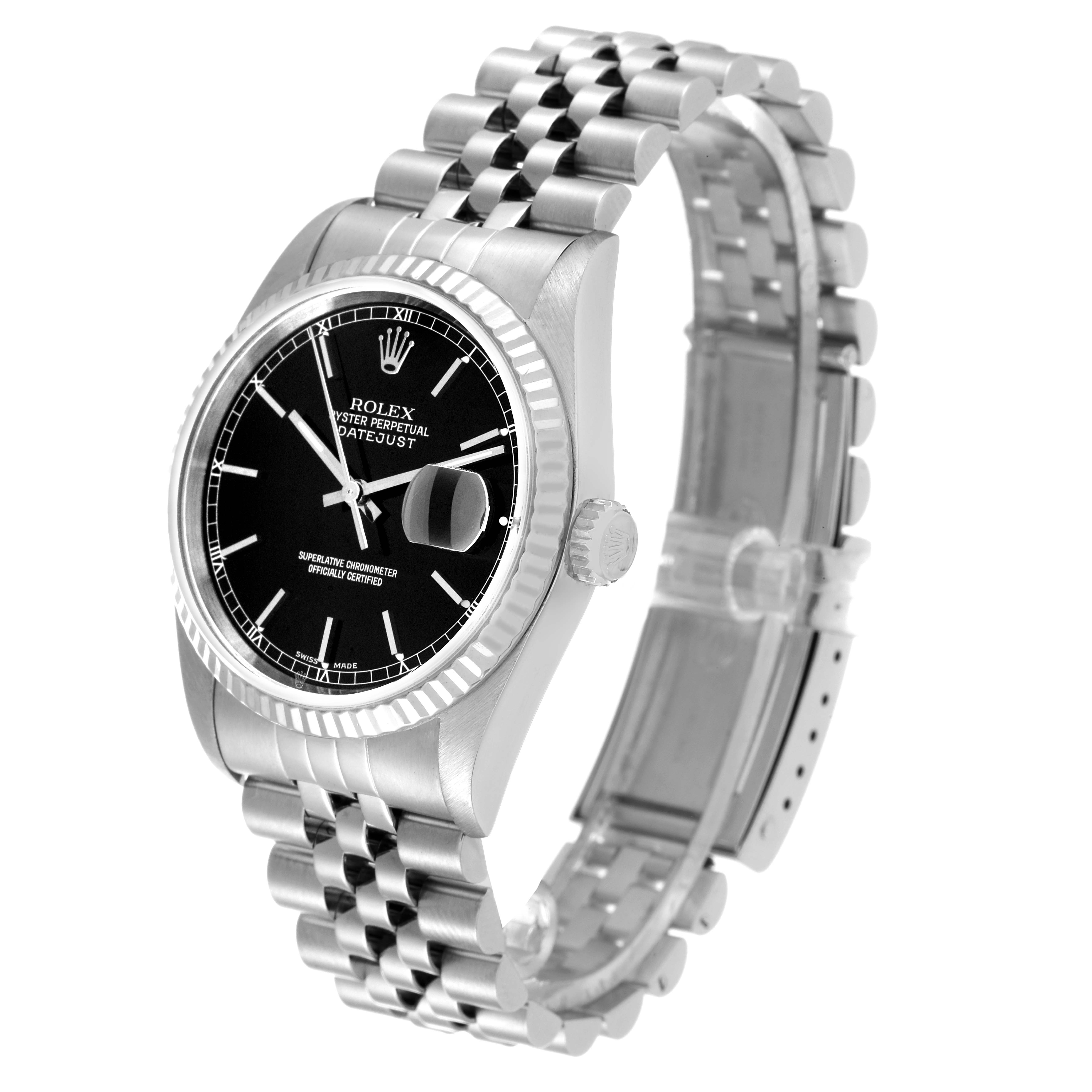The image shows a Rolex Datejust 16234 Men's Stainless Steel Black Dial 16234 Men's Stainless Steel Black Dial watch at a slight angle, highlighting the black dial, fluted bezel, and part of the bracelet.