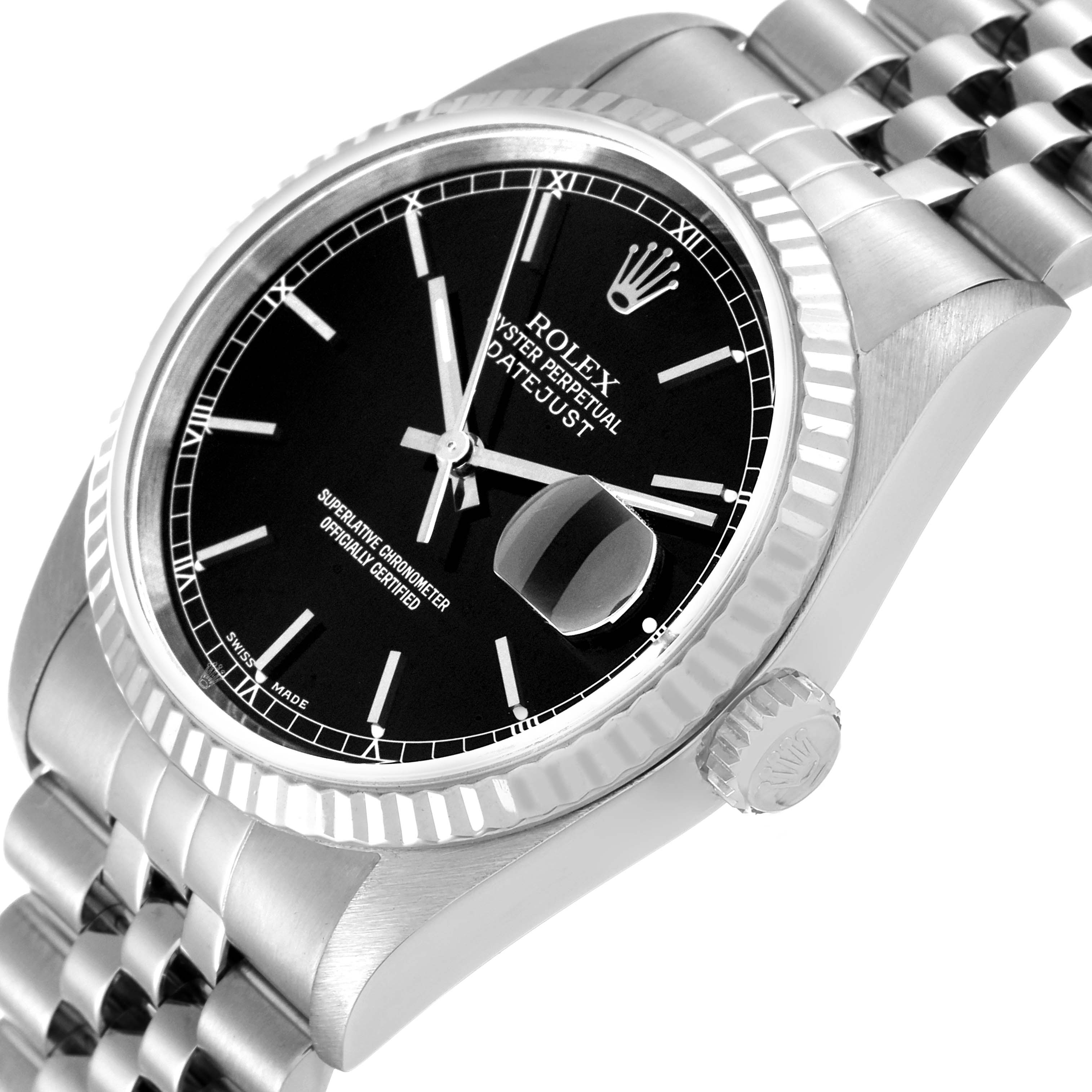 The image shows a close-up, angled view of a Rolex Datejust 16234 Men's Stainless Steel Black Dial 16234 Men's Stainless Steel Black Dial, highlighting its black dial, fluted bezel, Cyclops lens, and jubilee bracelet.