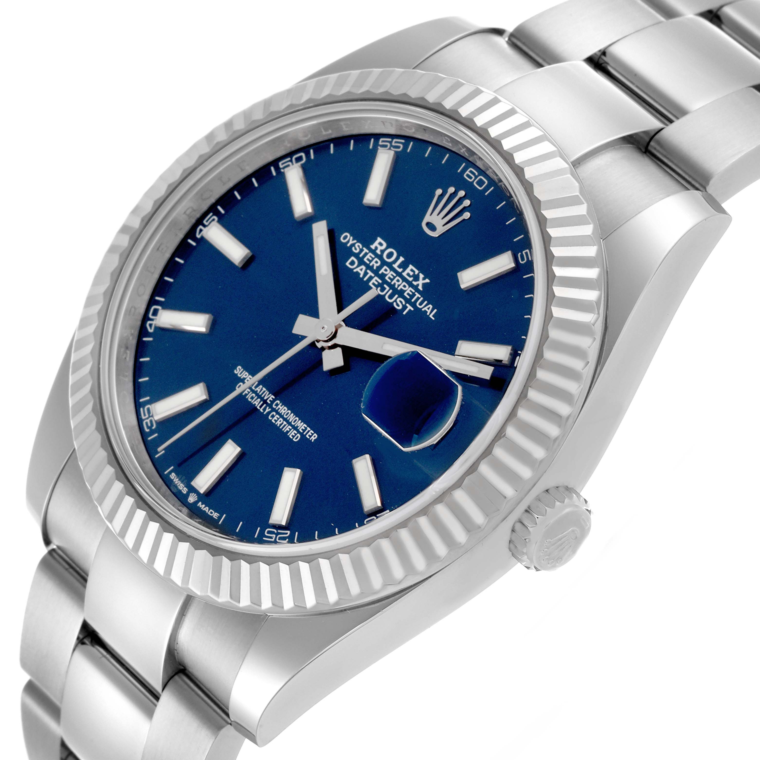 The Rolex Datejust 41 126334 Men's Stainless Steel Blue Dial 126334 Men's Stainless Steel Blue Dial watch is shown at an angled view, displaying the dial, bezel, crown, and part of the bracelet.