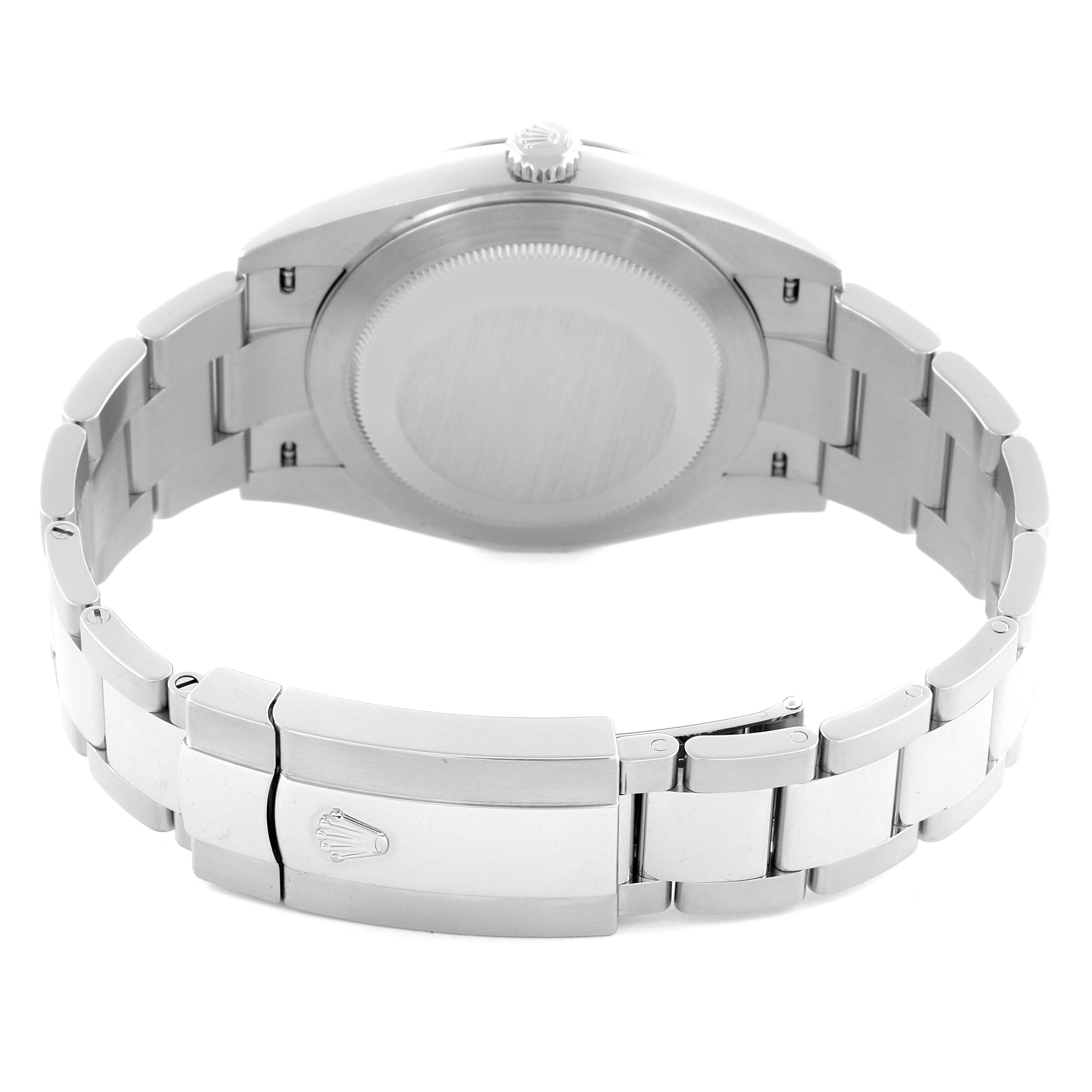 The image shows the back view of the Rolex Datejust 41 126334 Men's Stainless Steel Blue Dial 126334 Men's Stainless Steel Blue Dial, highlighting its clasp and bracelet.