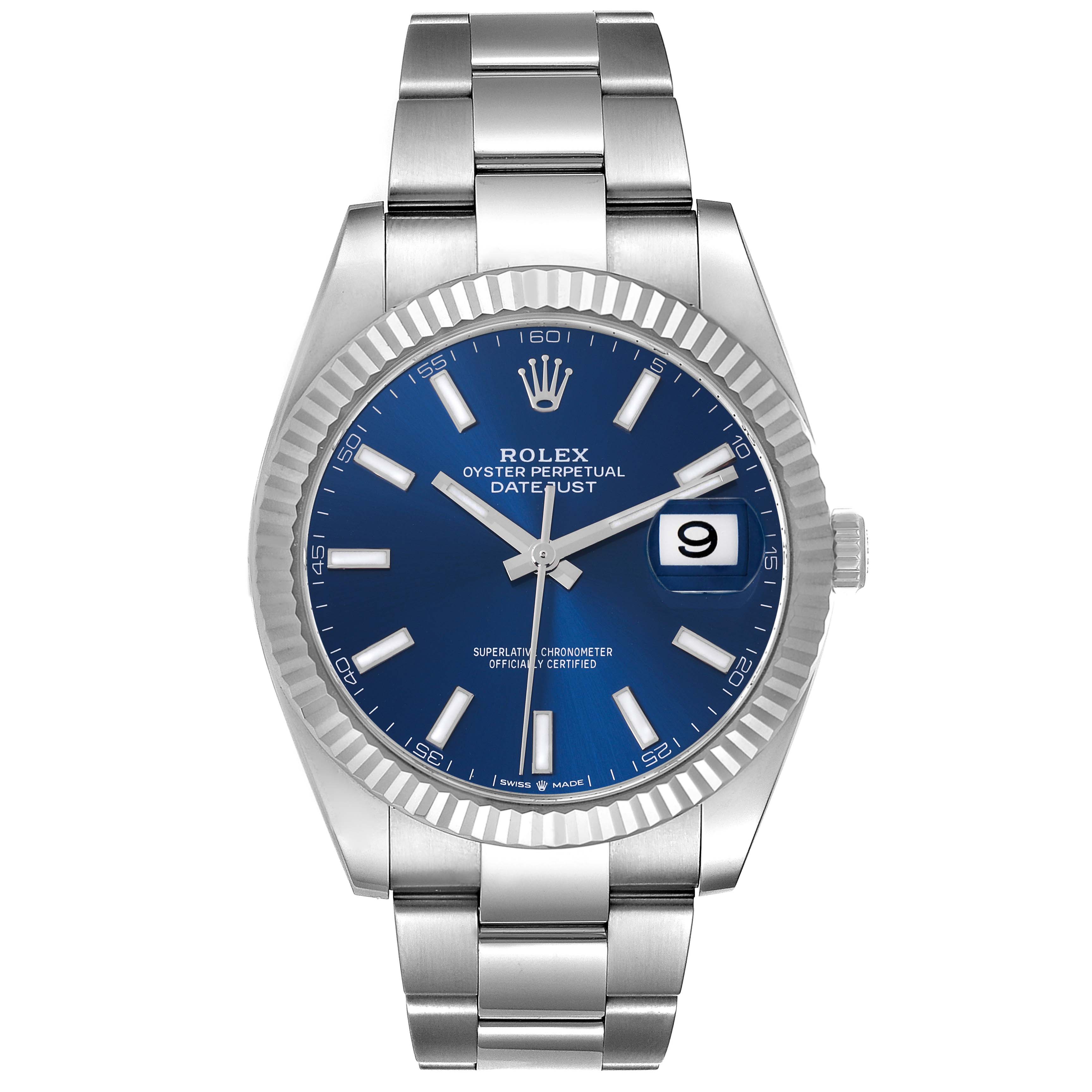 The Rolex Datejust 41 126334 Men's Stainless Steel Blue Dial 126334 Men's Stainless Steel Blue Dial watch is shown from a front angle, displaying the full dial, bracelet, and date window.