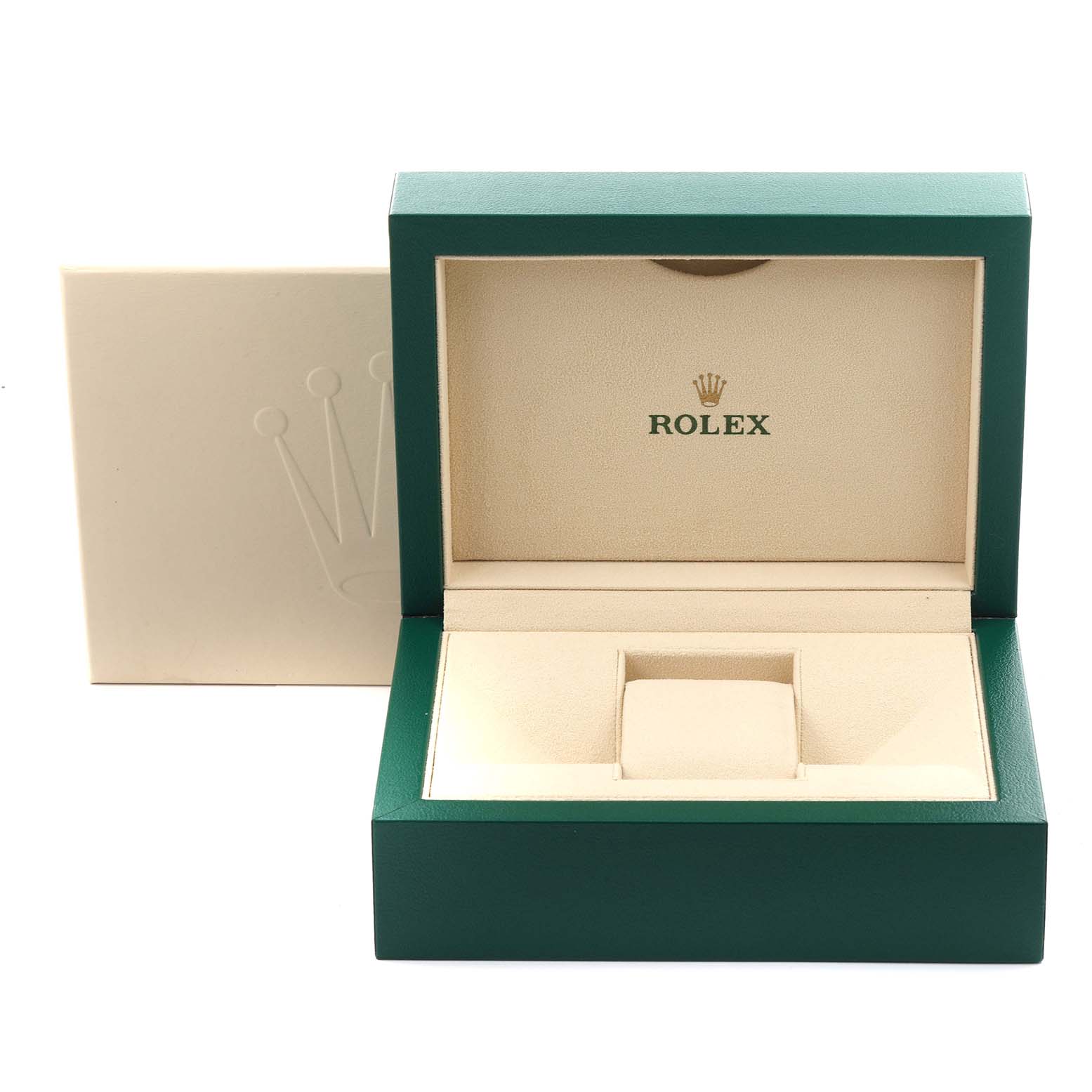 The image shows an open green Rolex watch box for the Datejust 41 model, displaying its interior and logo.