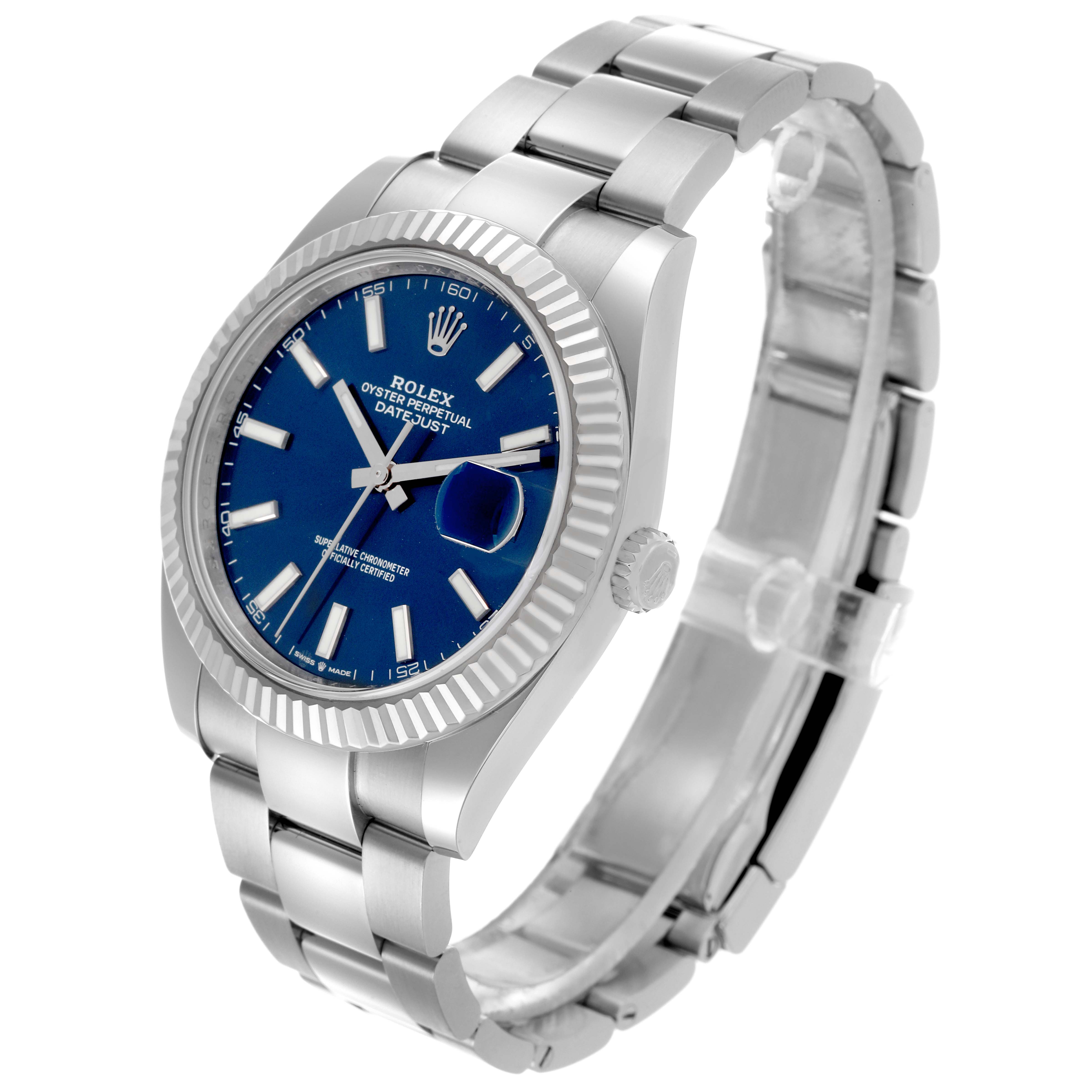 The Rolex Datejust 41 126334 Men's Stainless Steel Blue Dial 126334 Men's Stainless Steel Blue Dial watch is shown at a three-quarter angle, displaying the dial, bezel, and part of the bracelet.