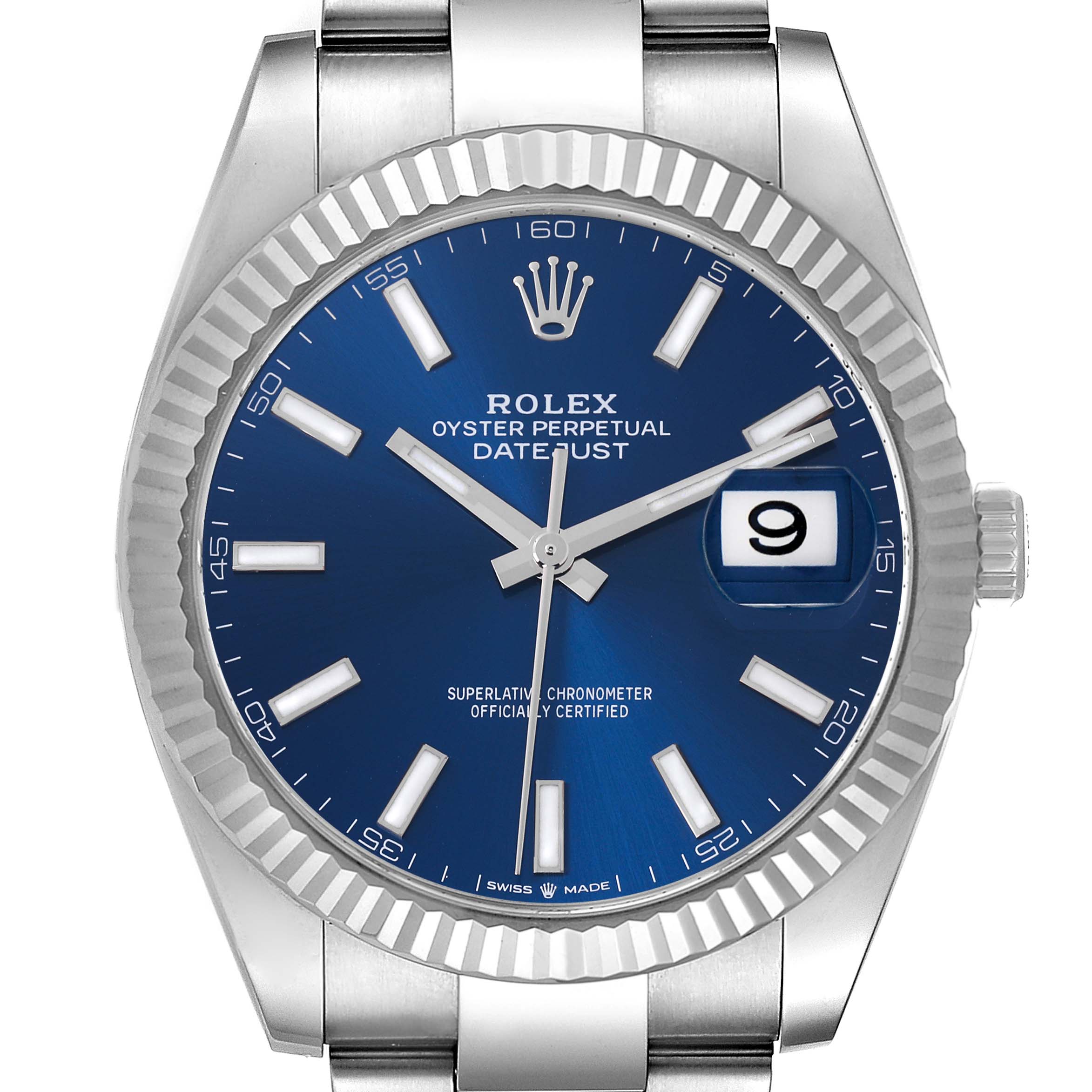 The Rolex Datejust 41 126334 Men's Stainless Steel Blue Dial 126334 Men's Stainless Steel Blue Dial watch is shown from the front, highlighting the blue dial, fluted bezel, and date display.
