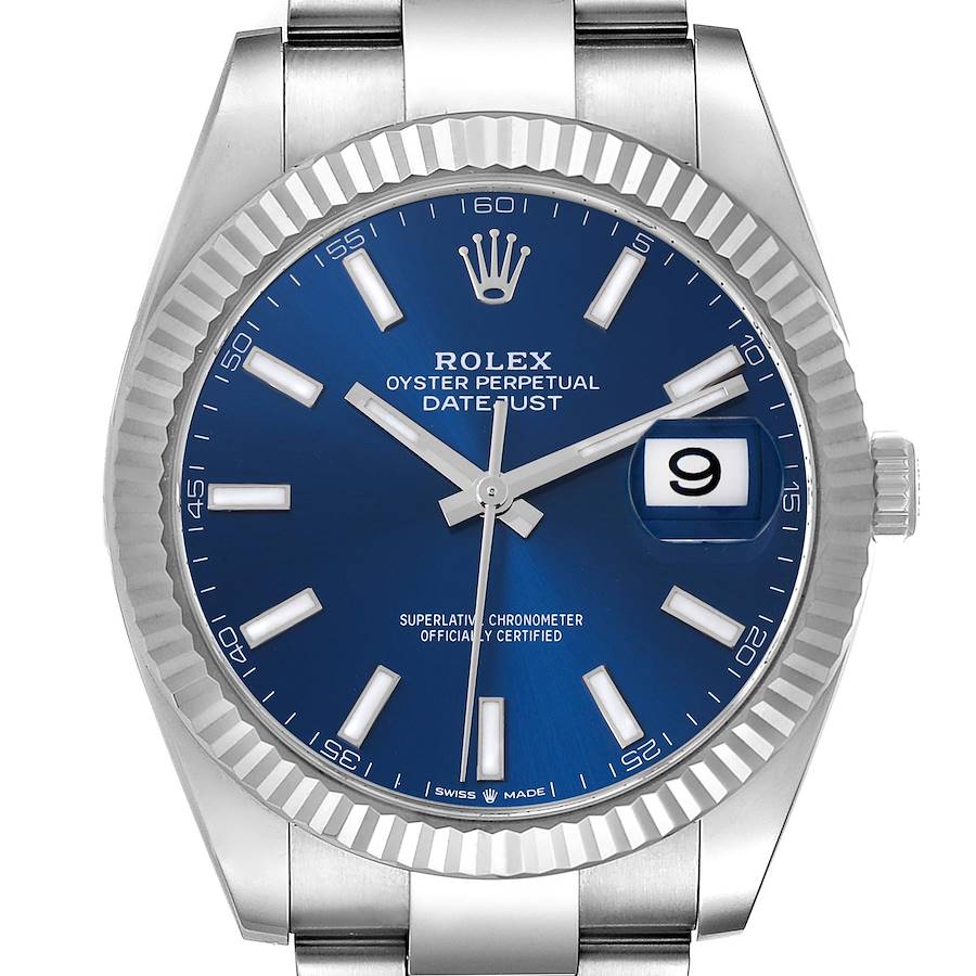 The Rolex Datejust 41 watch is shown from the front, highlighting the blue dial, fluted bezel, and date display.