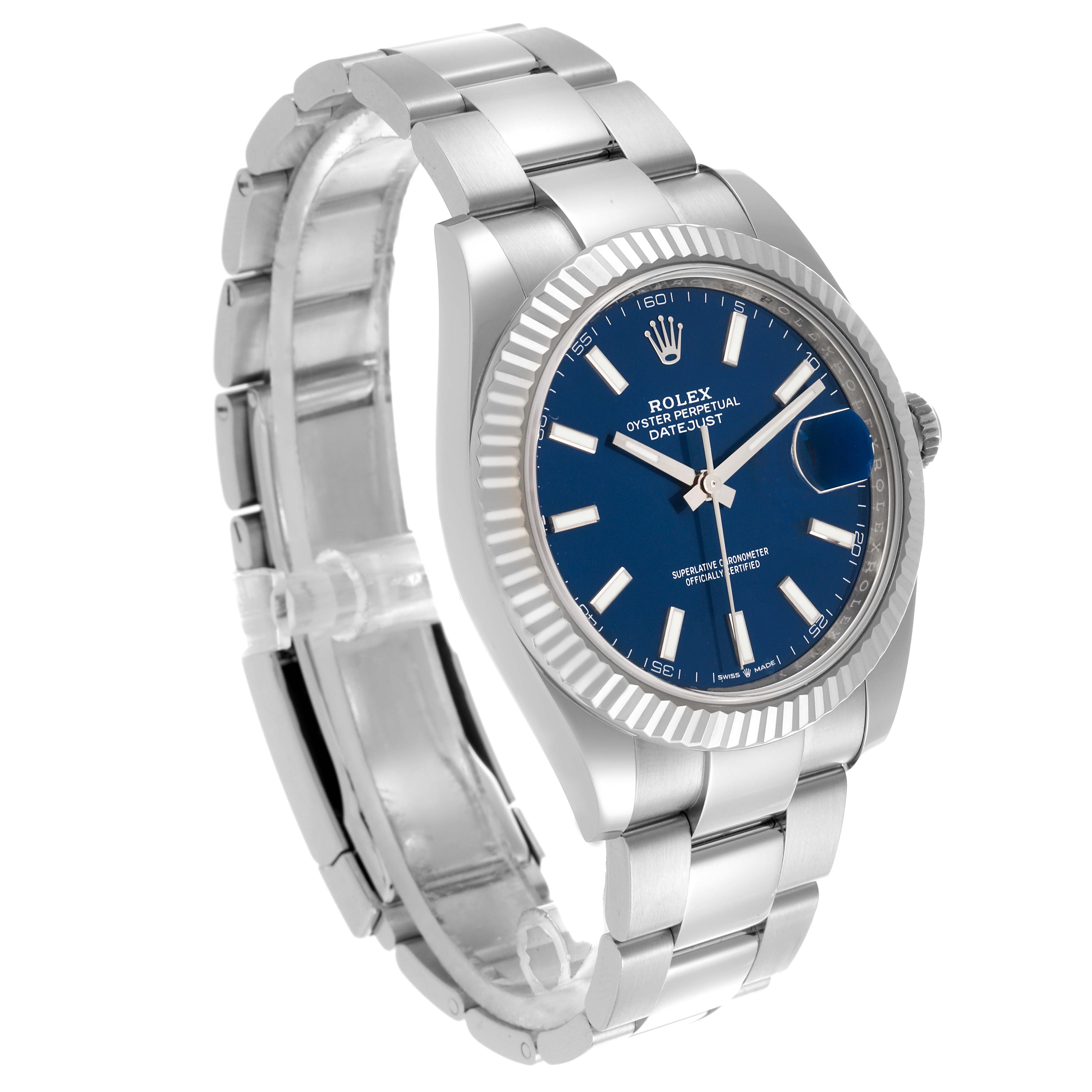 The Rolex Datejust 41 126334 Men's Stainless Steel Blue Dial 126334 Men's Stainless Steel Blue Dial watch is shown at a three-quarter angle, highlighting the blue dial, bezel, and bracelet.
