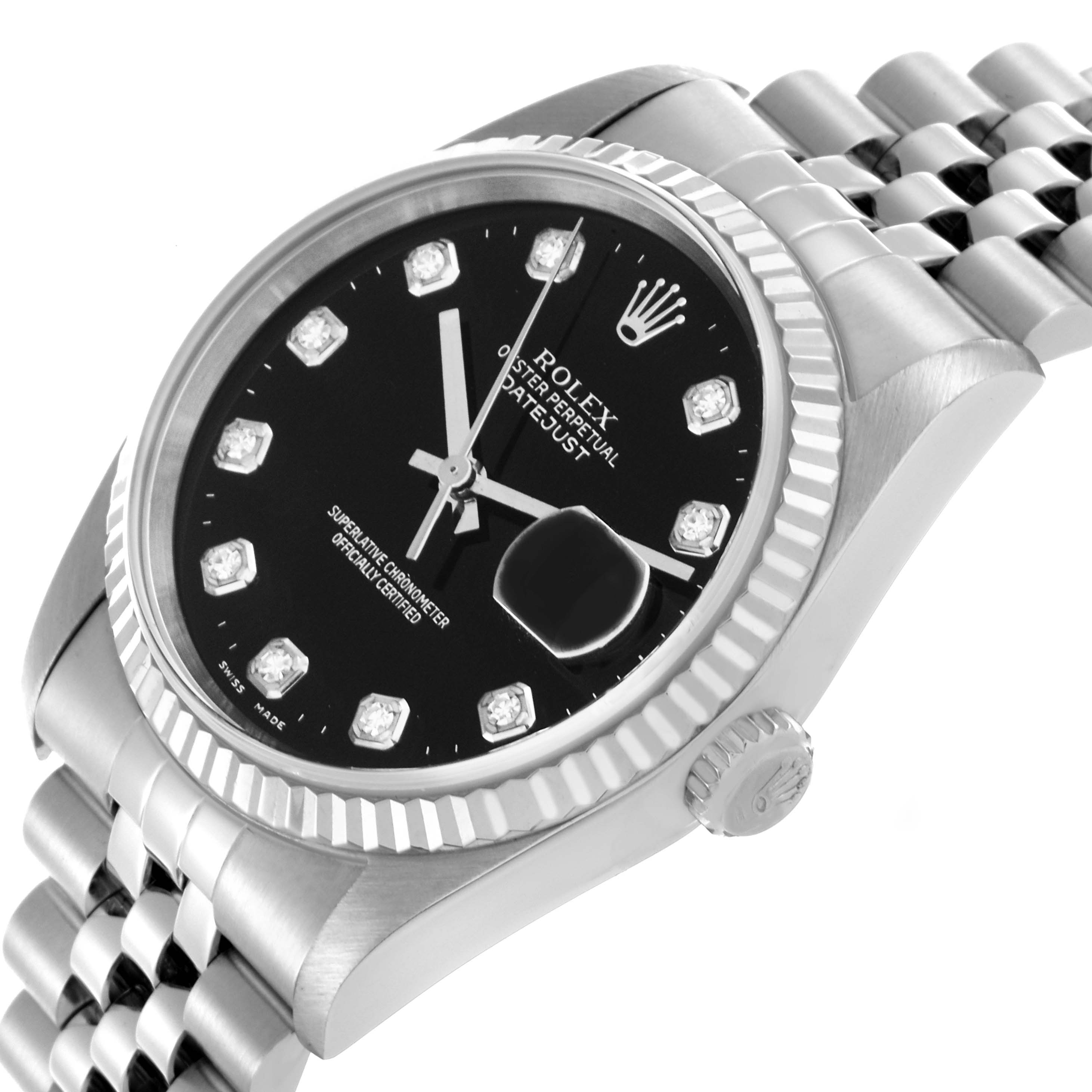 The image shows a Rolex Datejust 16234 Men
s Stainless Steel Black Dial 16234 Men
s Stainless Steel Black Dial watch at an angled view, displaying the dial, bezel, and jubilee bracelet.