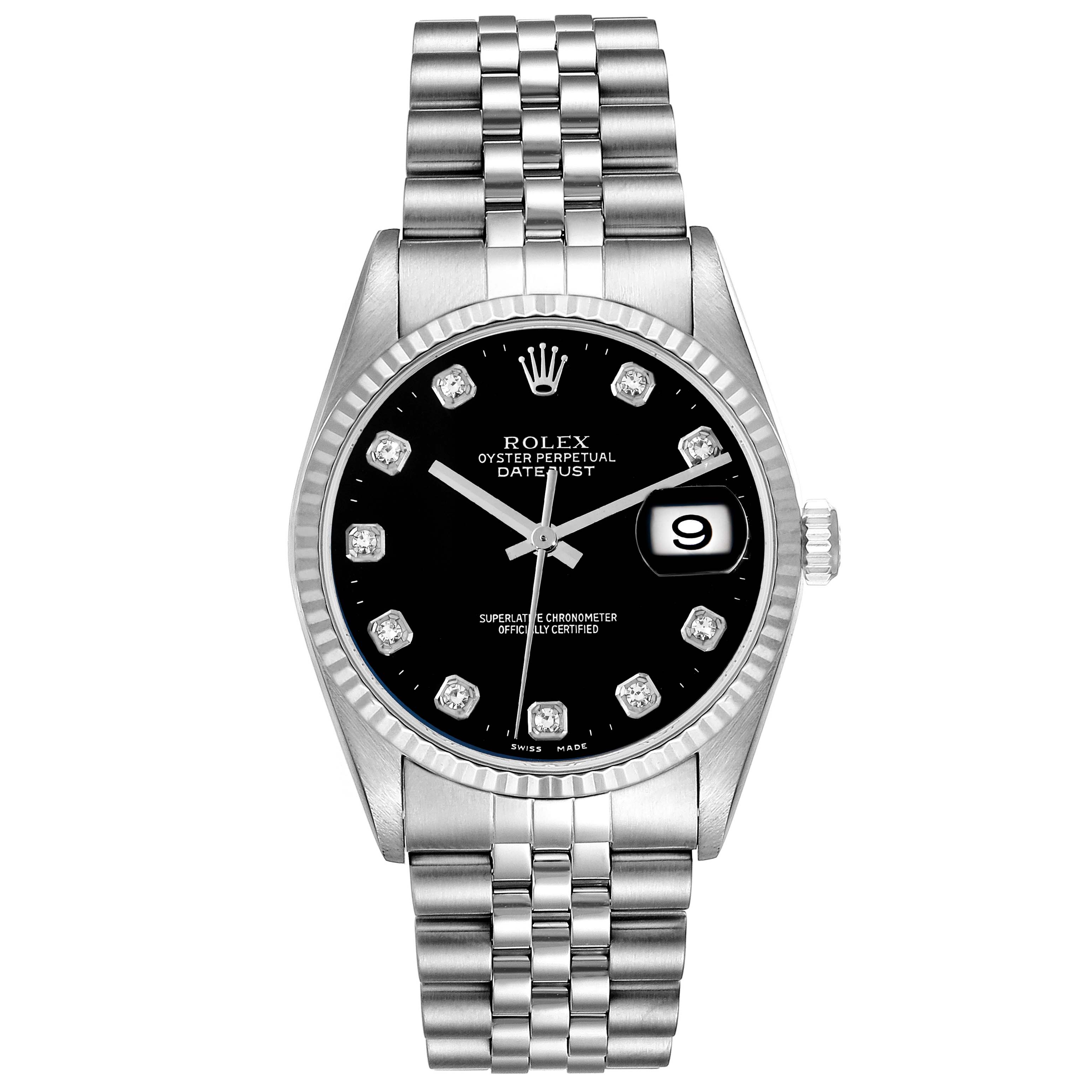 The Rolex Datejust 16234 Men
s Stainless Steel Black Dial 16234 Men
s Stainless Steel Black Dial is shown from the front, displaying the dial, bezel, and bracelet.