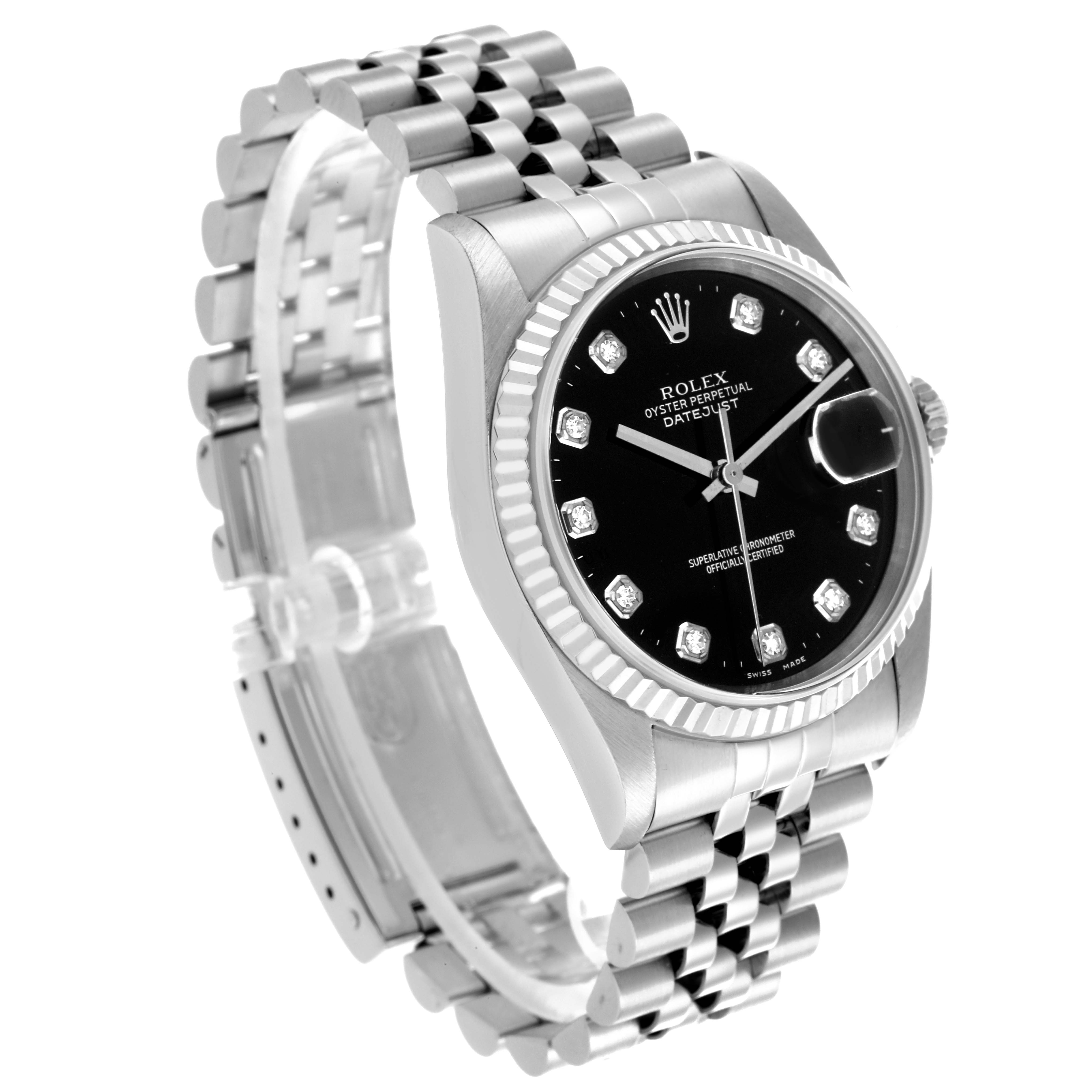 The Rolex Datejust 16234 Men
s Stainless Steel Black Dial 16234 Men
s Stainless Steel Black Dial is shown at a three-quarter angle, highlighting its black dial, diamond indices, fluted bezel, and jubilee bracelet.