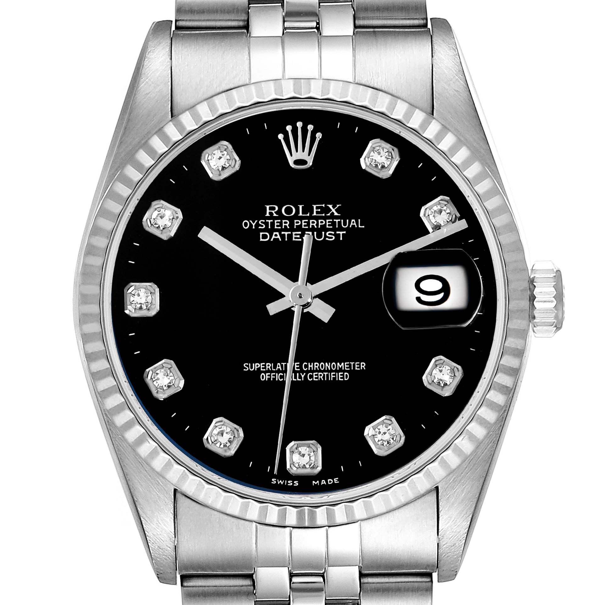 The Rolex Datejust 16234 Men
s Stainless Steel Black Dial 16234 Men
s Stainless Steel Black Dial watch is shown from the front, displaying the dial, bezel, and part of the bracelet.