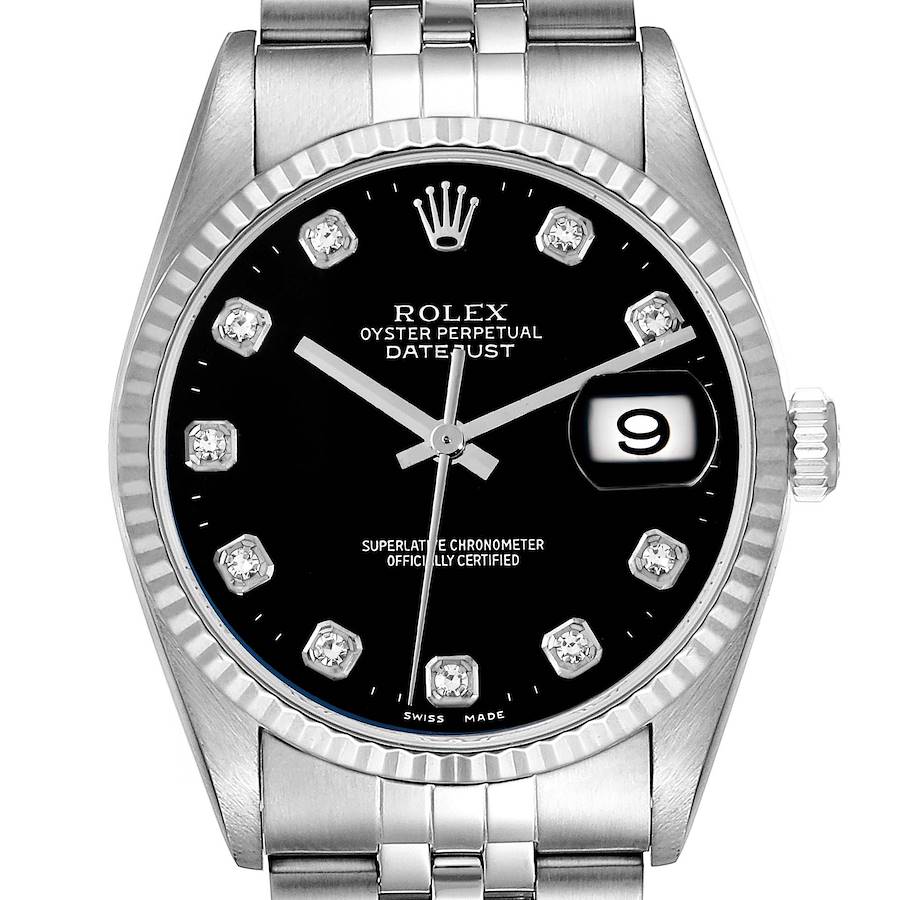 The Rolex Datejust watch is shown from the front, displaying the dial, bezel, and part of the bracelet.