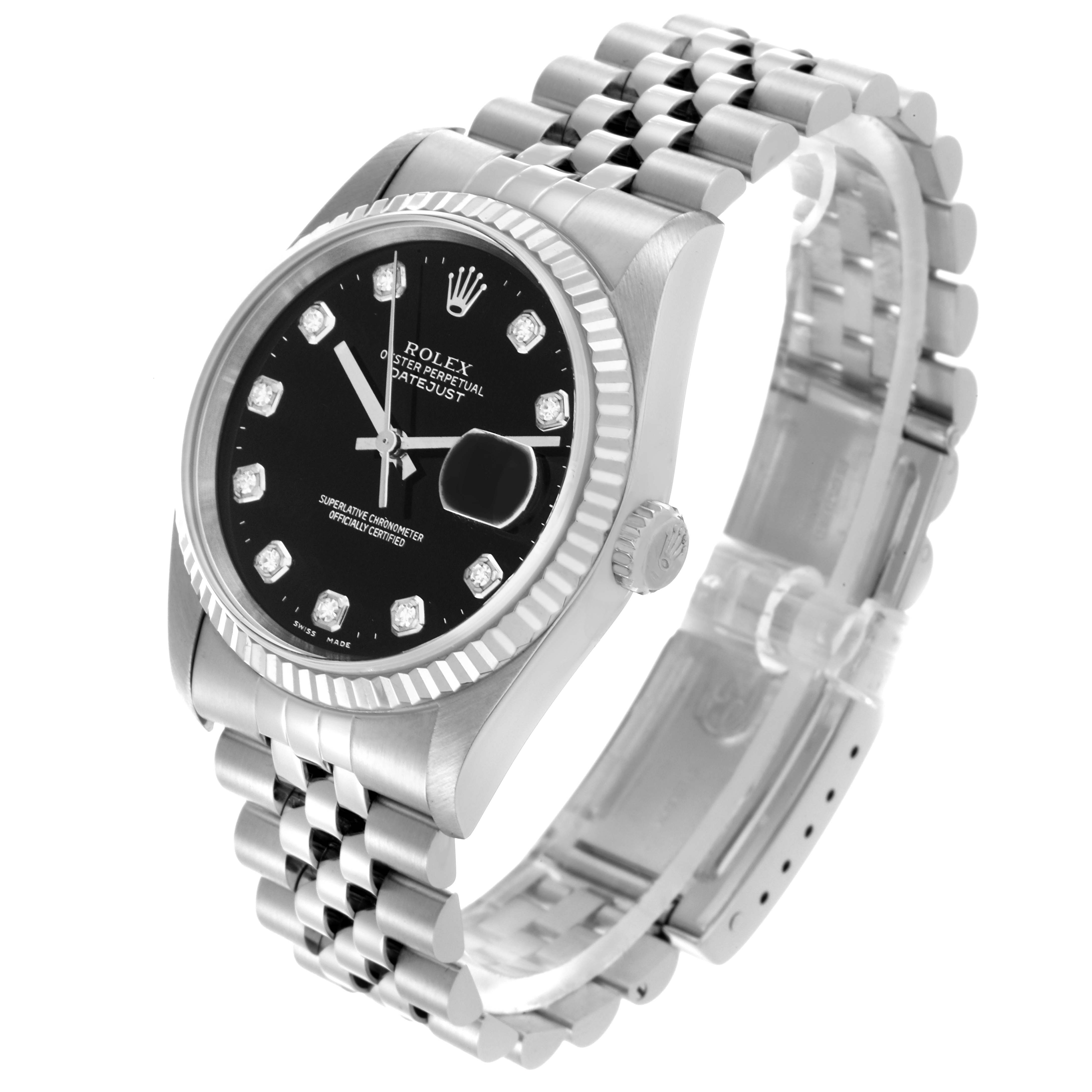 The Rolex Datejust 16234 Men
s Stainless Steel Black Dial 16234 Men
s Stainless Steel Black Dial watch is shown from a three-quarter angle, displaying the dial, bezel, crown, and bracelet.