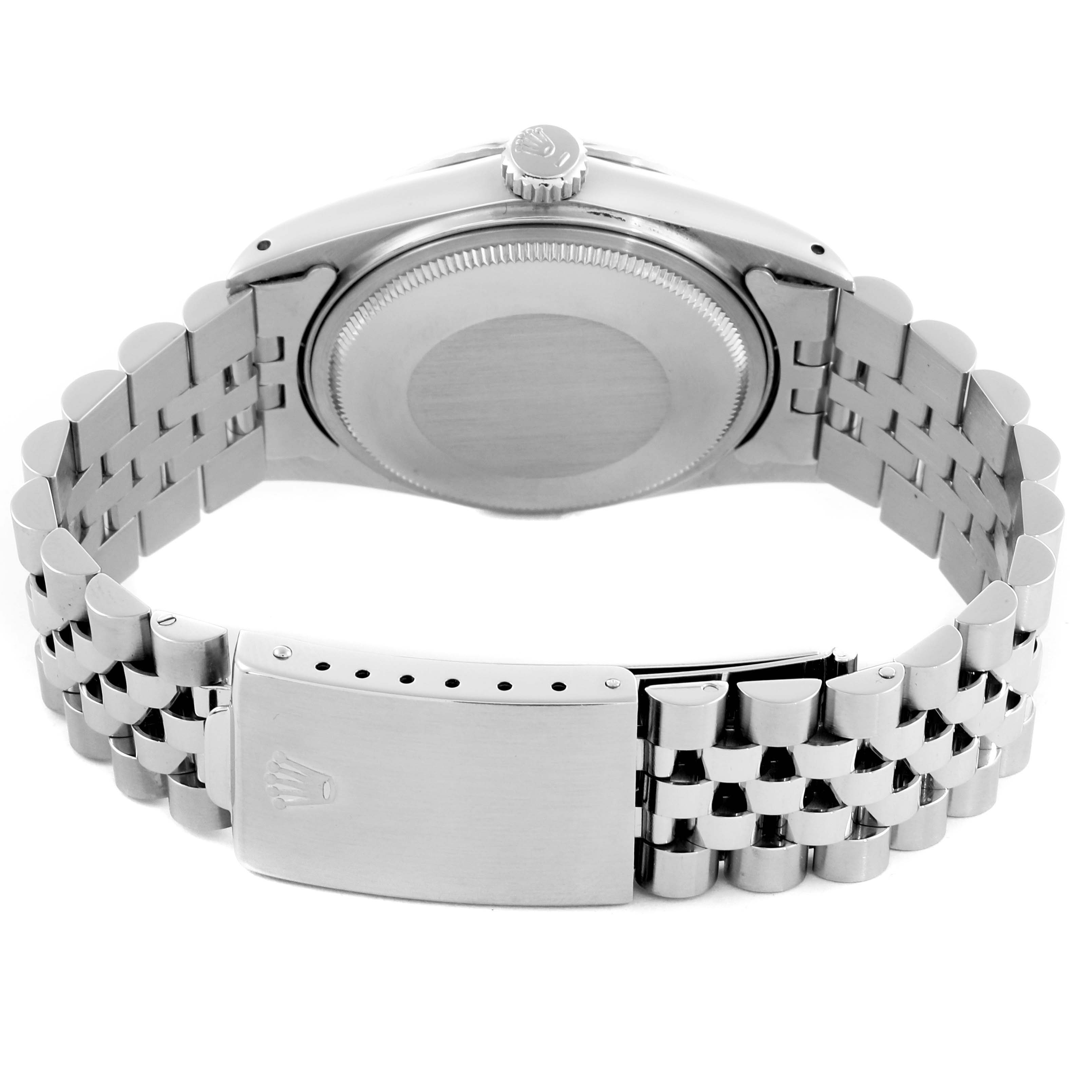 The image shows the back view of a Rolex Vintage Collection 16030 Men's Stainless Steel Silver Dial 16030 Men's Stainless Steel Silver Dial watch, focusing on the case back and clasp.