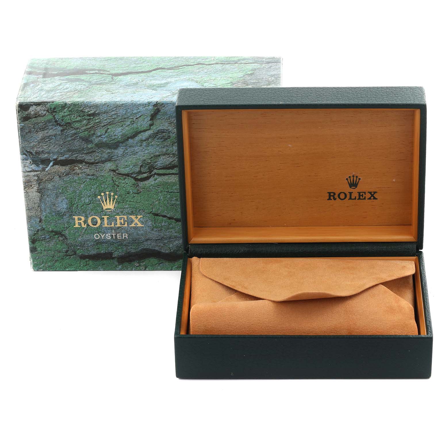 The image shows a Rolex Vintage Collection 16030 Men's Stainless Steel Silver Dial 16030 Men's Stainless Steel Silver Dial watch box and inner leather pouch at a front angle with the lid open.