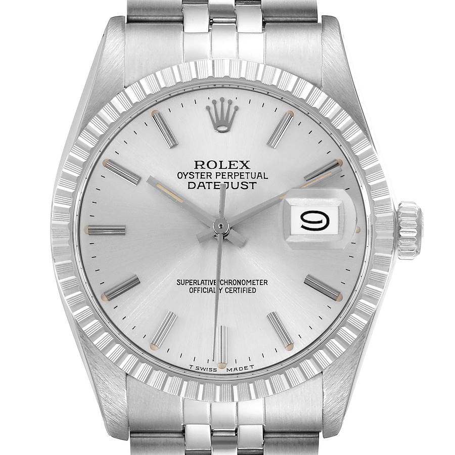 The Rolex Vintage Collection model is shown from a front angle, displaying the dial, bezel, crown, and part of the bracelet.