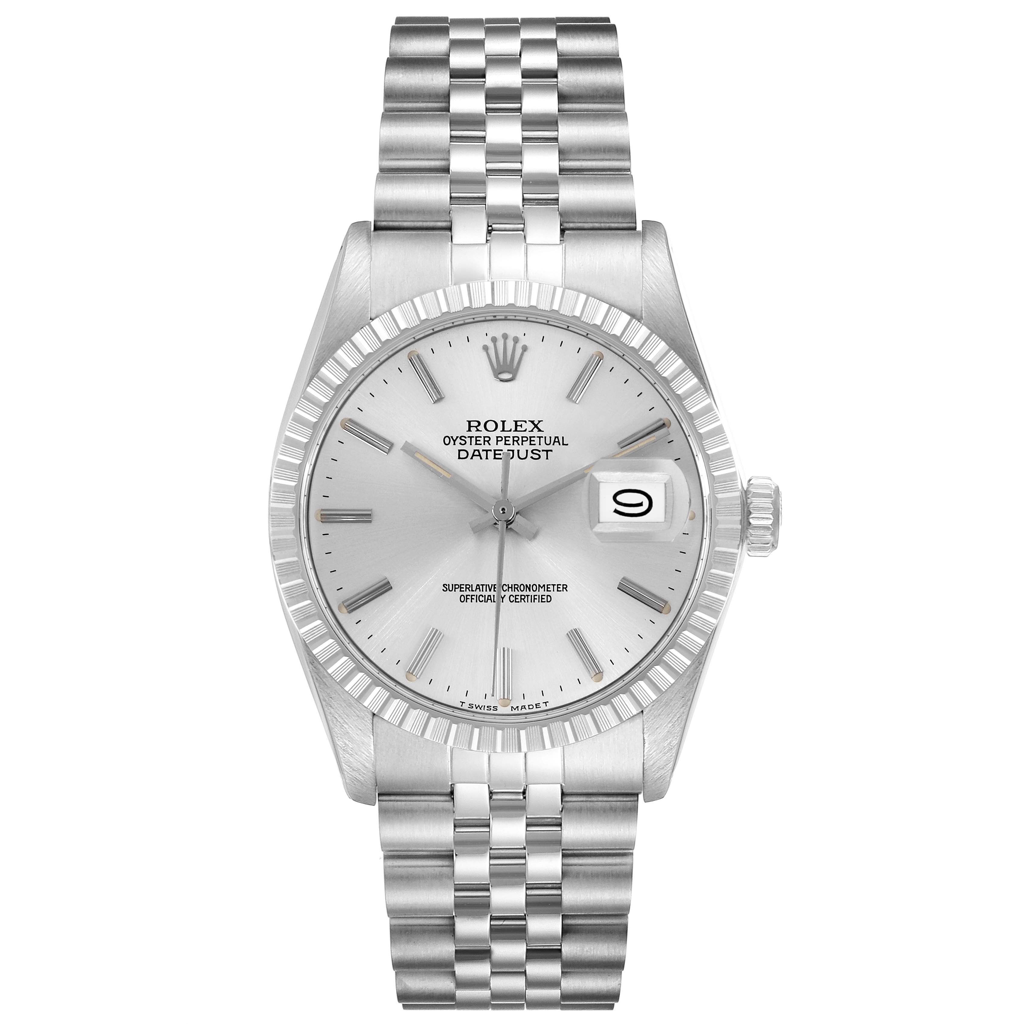 The image shows a frontal view of the Rolex Vintage Collection 16030 Men's Stainless Steel Silver Dial 16030 Men's Stainless Steel Silver Dial watch, showcasing its dial, bracelet, and date function.